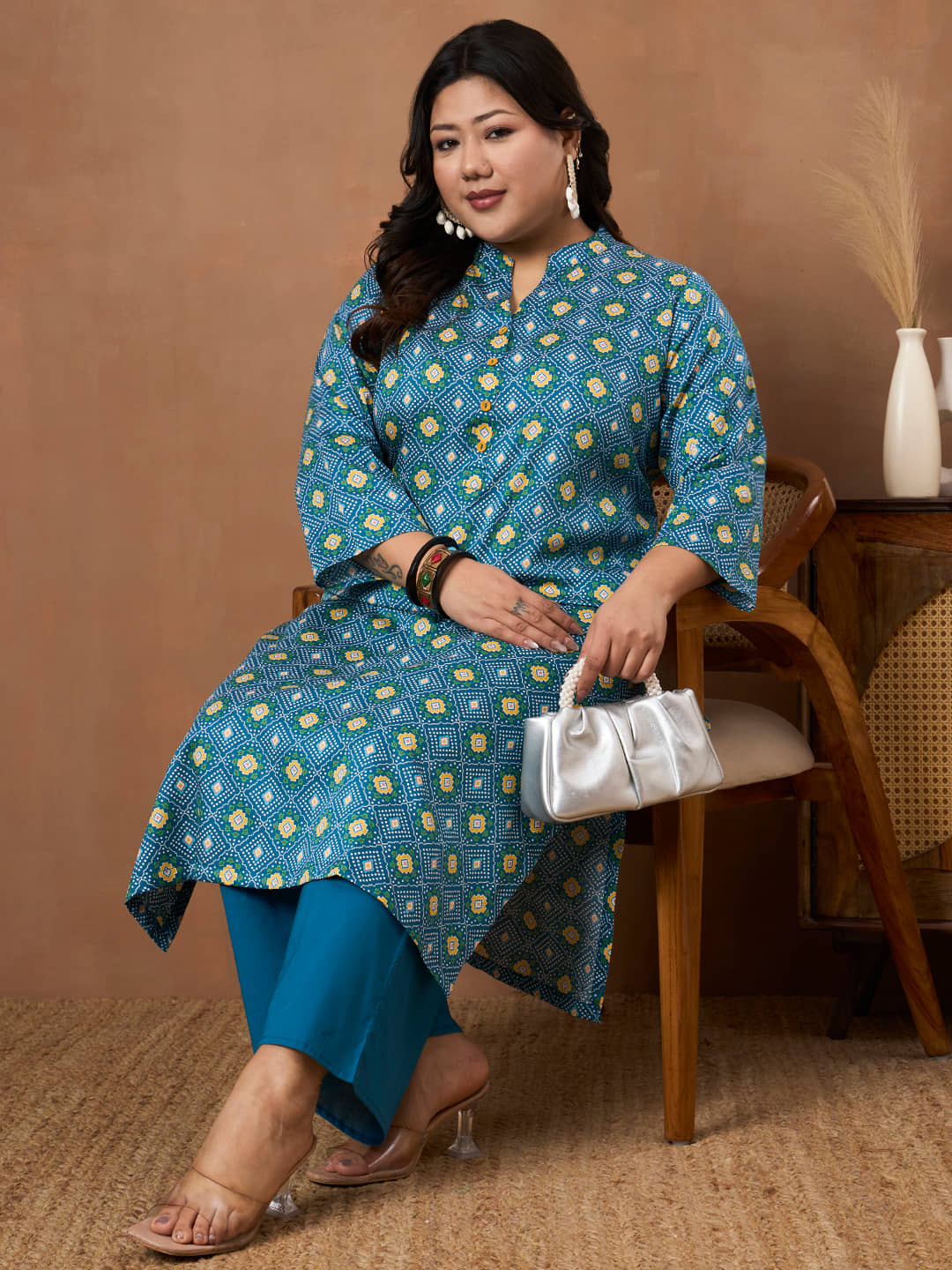 Tissu Women Cotton Printed Straight Kurti With Palazzo ( Blue )