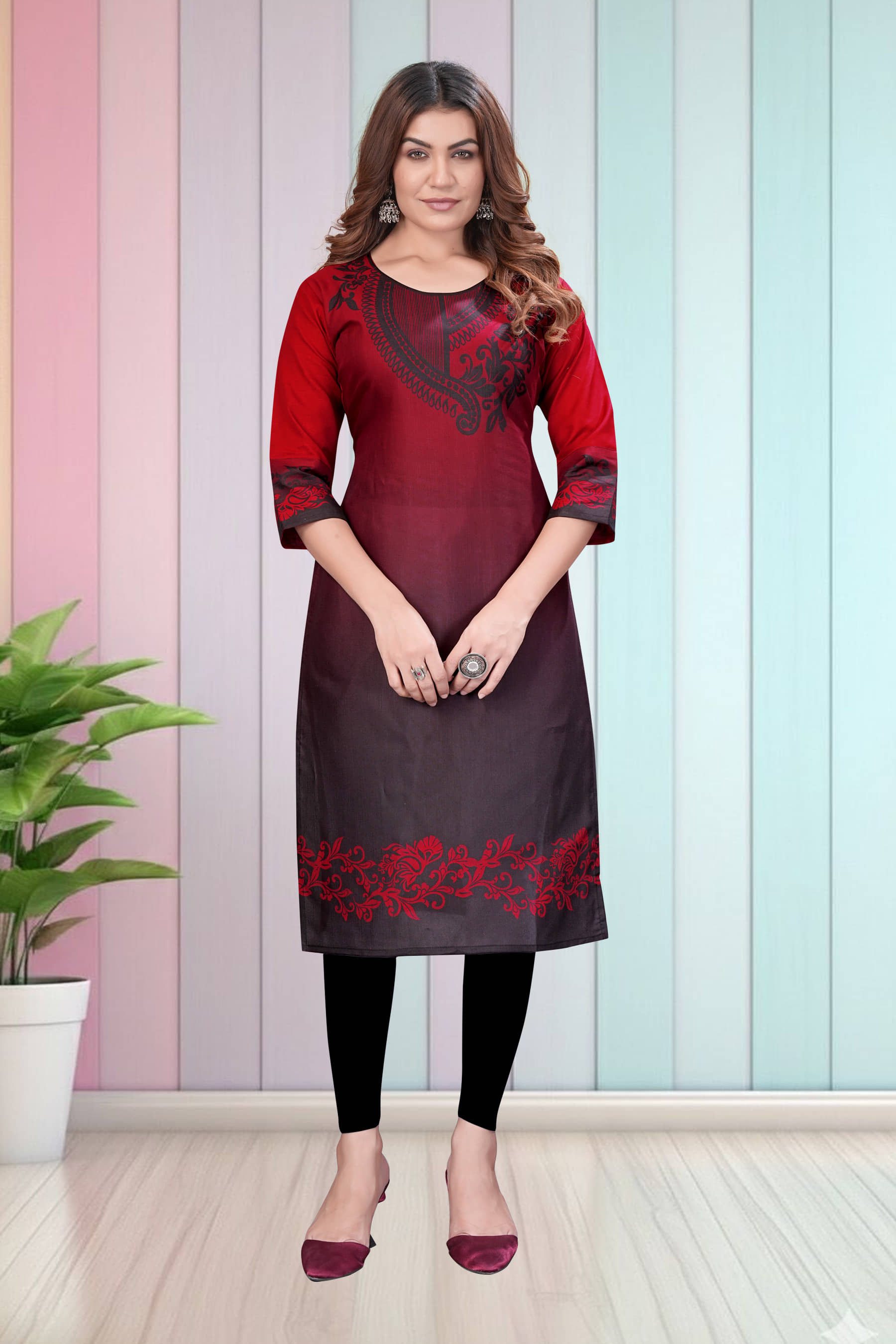 Hetsa Women Rayon Printed A-line Kurti ( Maroon ) - Kurtis, Tunics | Buy online on ZillyBuy