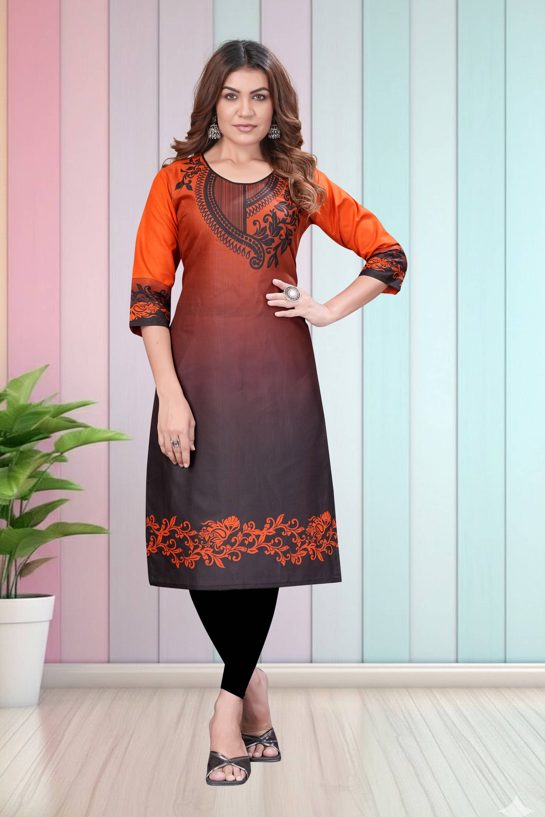 Hetsa Women Rayon Printed A-line Kurti ( Orange ) - Kurtis, Tunics | Buy online on ZillyBuy