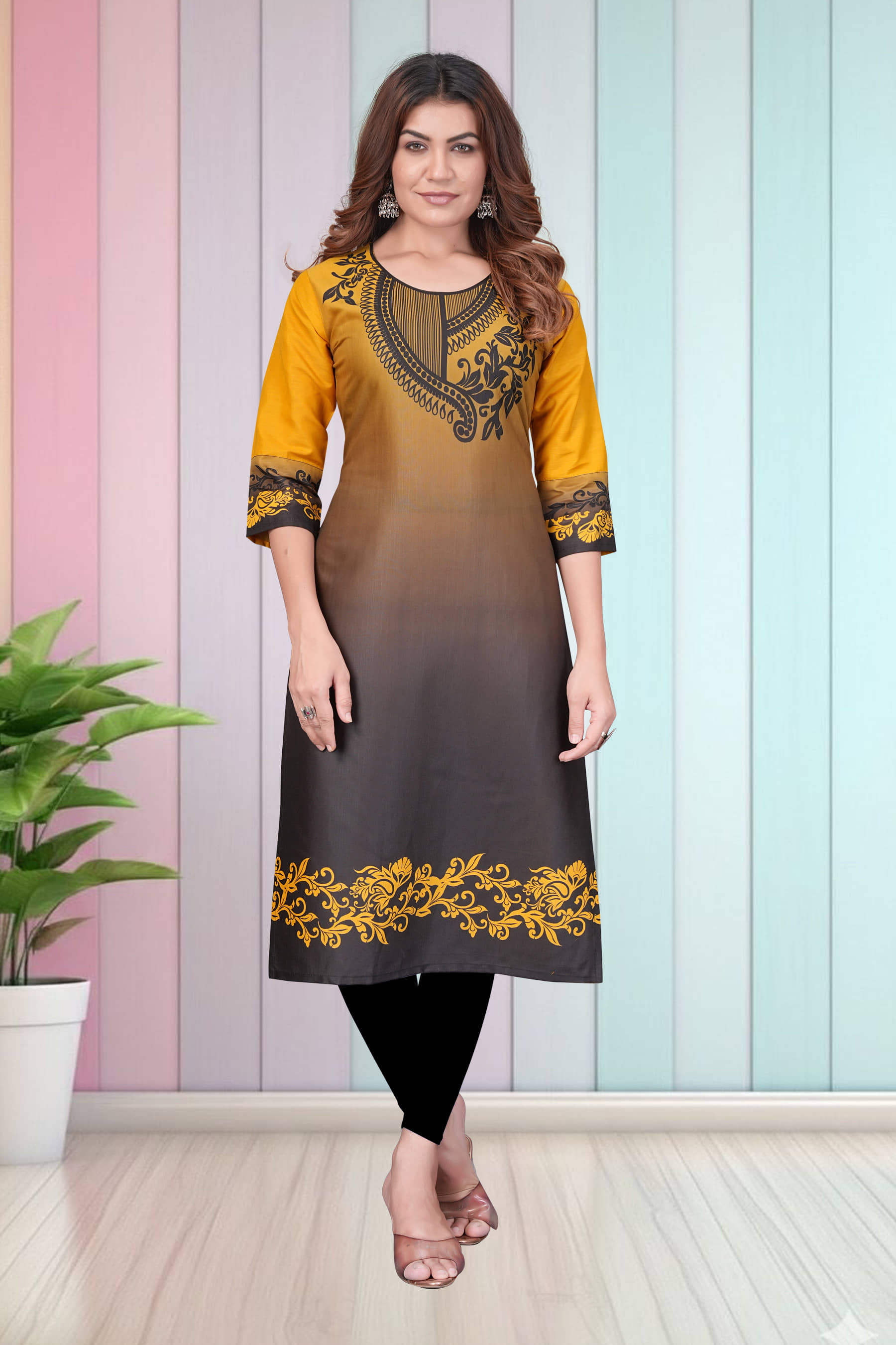 Hetsa Women Rayon Printed A-line Kurti ( Yellow ) - Kurtis, Tunics | Buy online on ZillyBuy