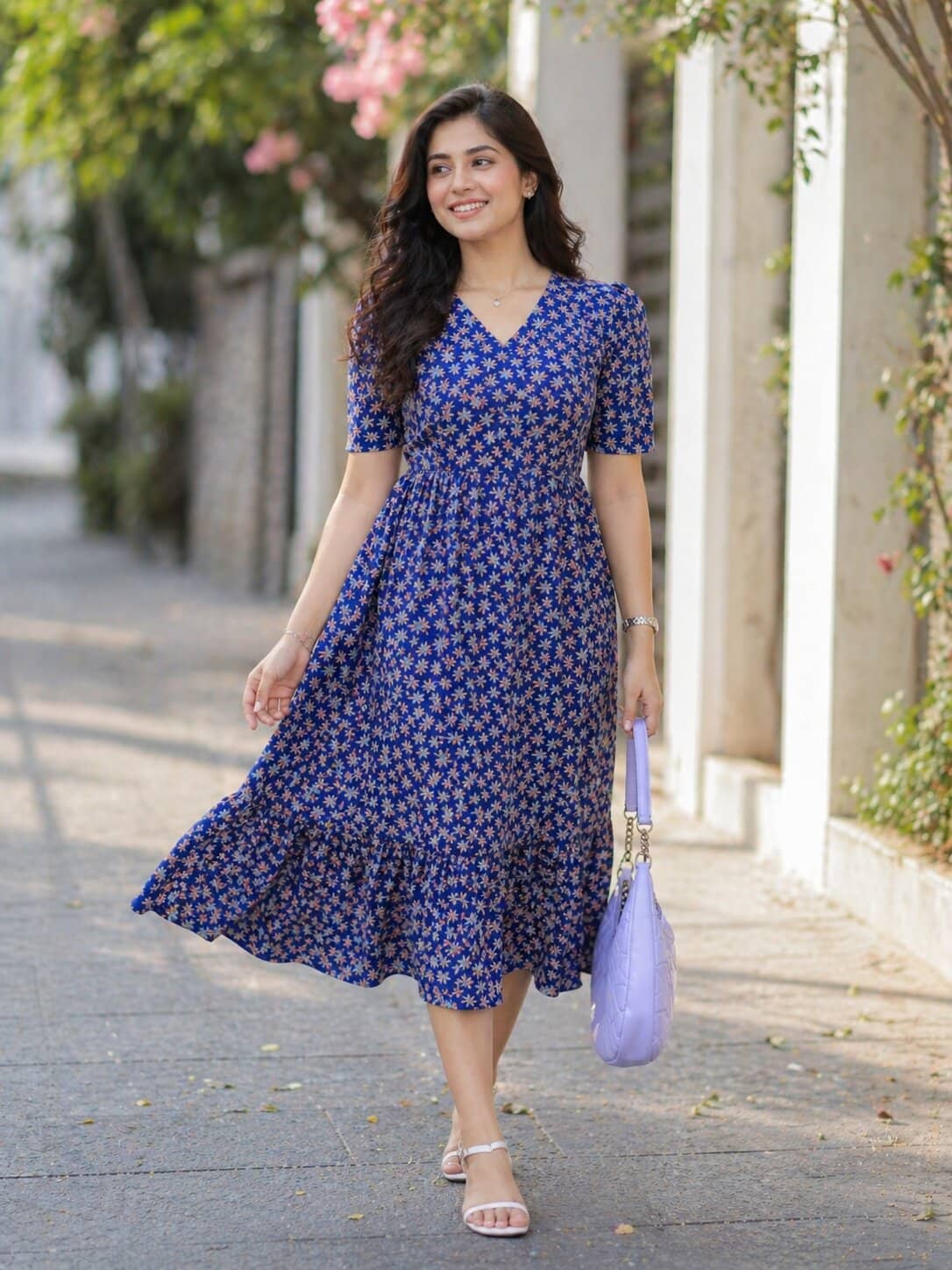 Parnavi Women Cotton Printed Fit & Flare Dress ( Blue )