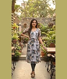 TRADENAVIA Women Georgette Printed A-line Kurti ( Grey )