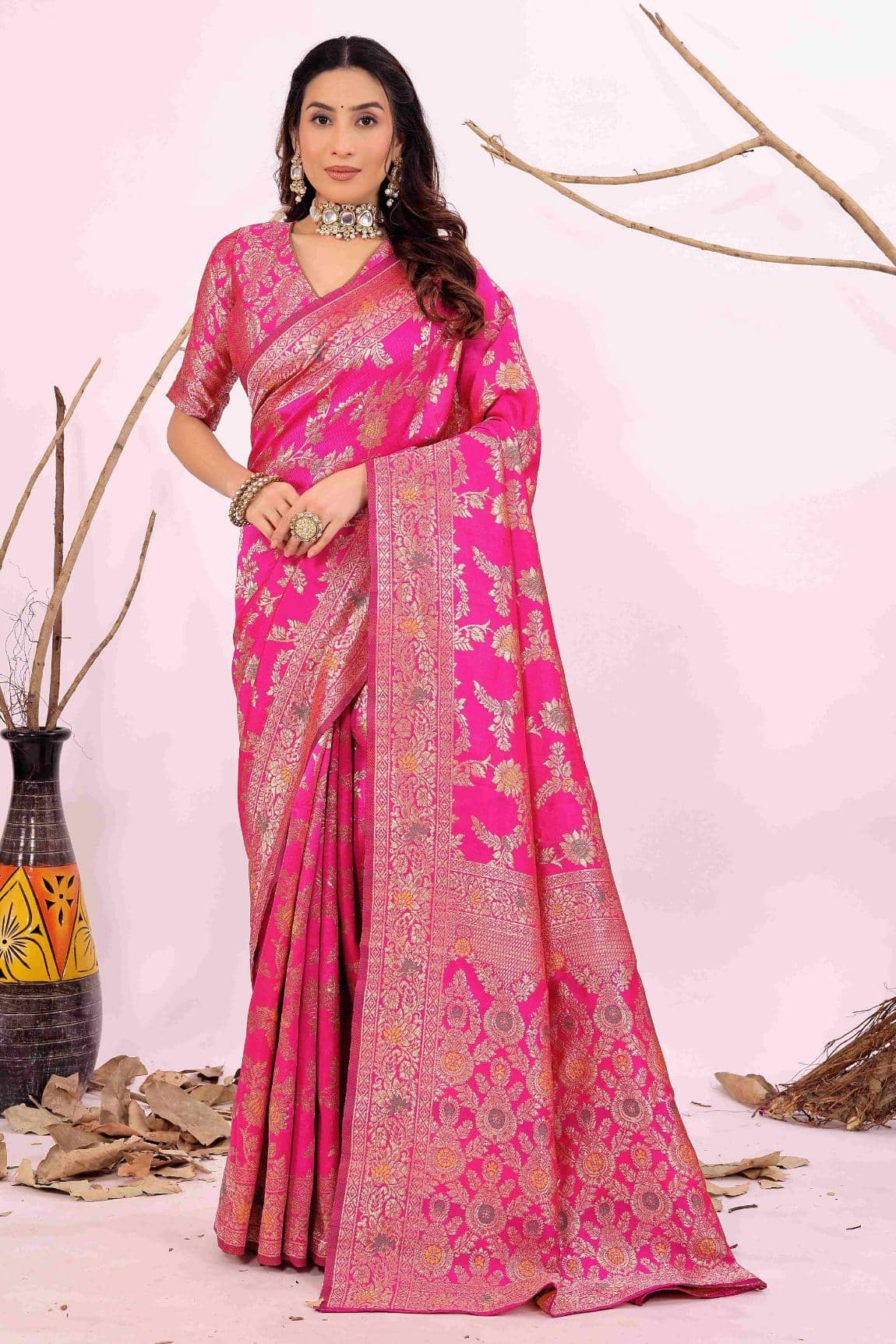 Vkaran Silk Woven Kanjeevaram Sarees With Unstitched Blouse Piece ( Rani ) - Sarees | Buy online on ZillyBuy