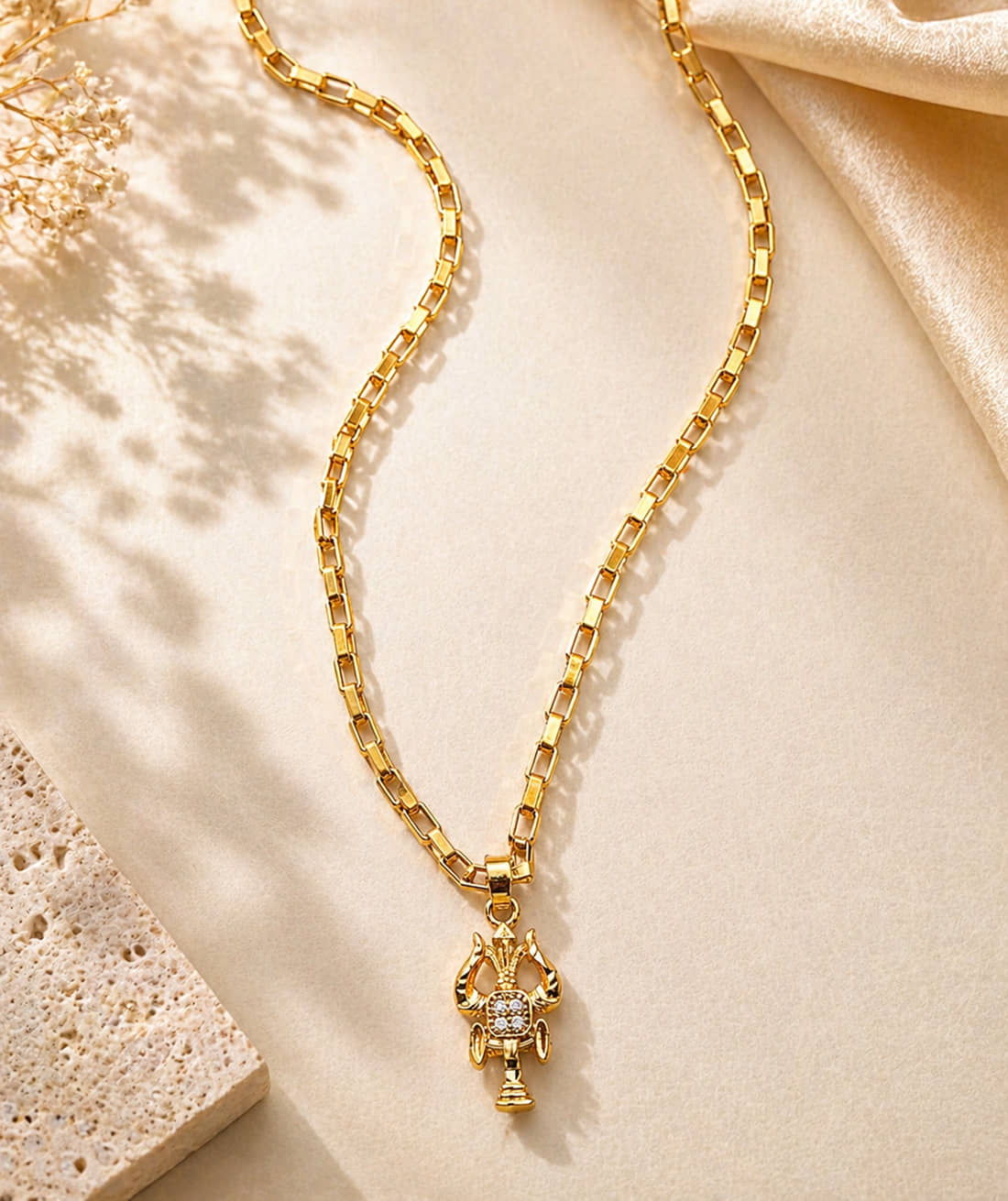 Gold Plated Trishul Damru Pendant with Chain for Men | Stylish Religious Shiva Necklace | Daily Wear Fashion Jewellery