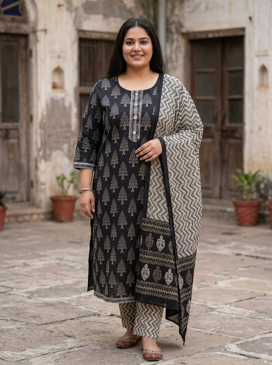 Swasti Women Cotton Printed Straight Kurti With Pants ( Black )