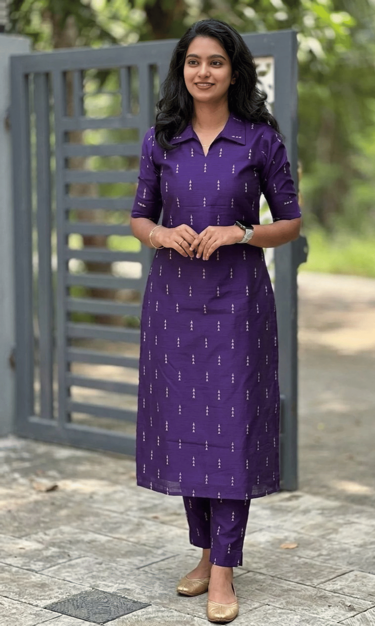 YAGNIK FASHION Women Cotton Blend Self Design Straight Kurti With Pants ( Purple )