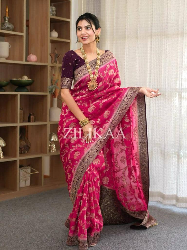 fab woven Art Silk Woven Design Banarasi saree With Unstitched Blouse Piece ( Fluorescent Pink ) - Sarees | Buy online on ZillyBuy