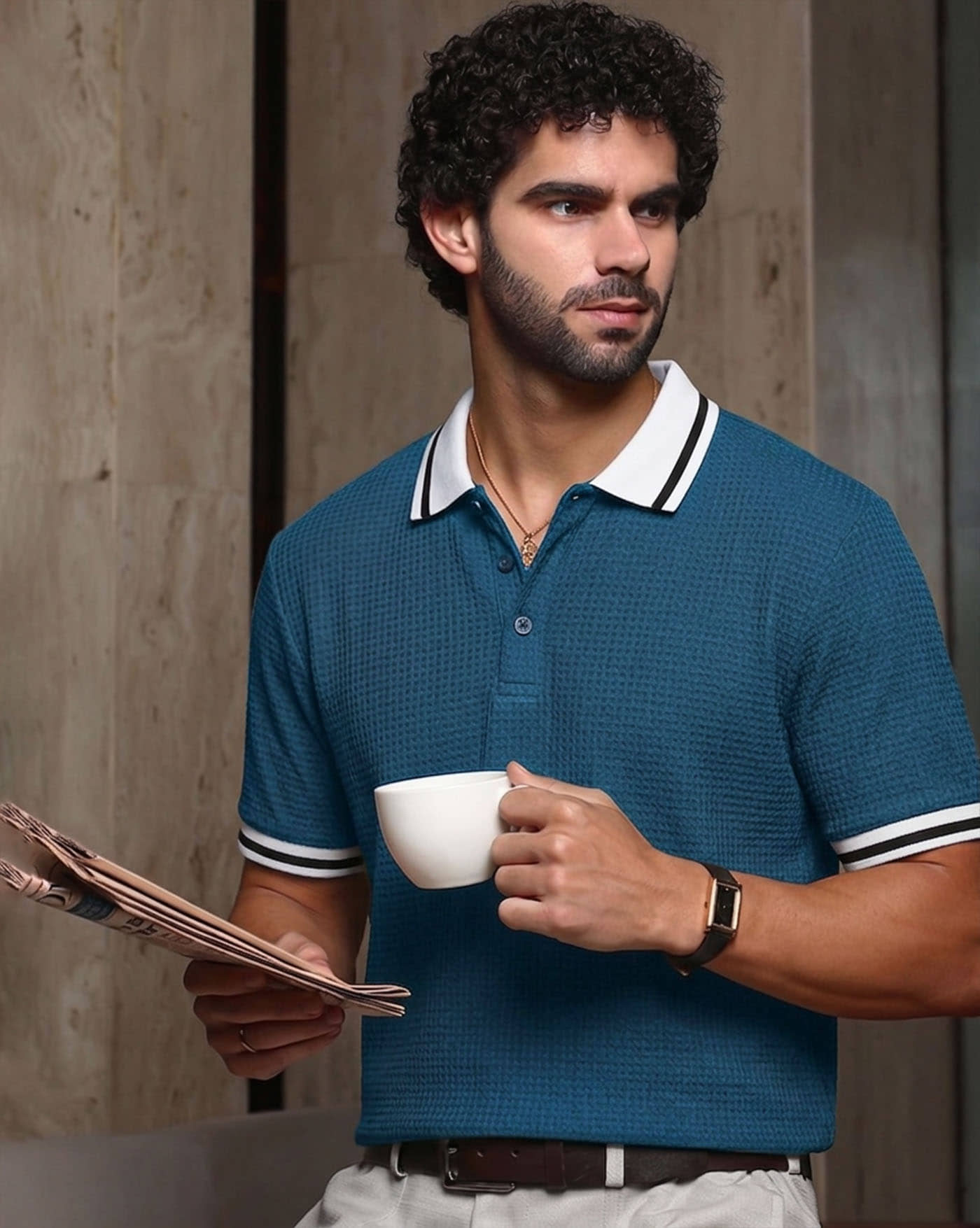 ENITOR Men Cotton Blend Regular Fit Solid Polo T Shirt ( Peach )
