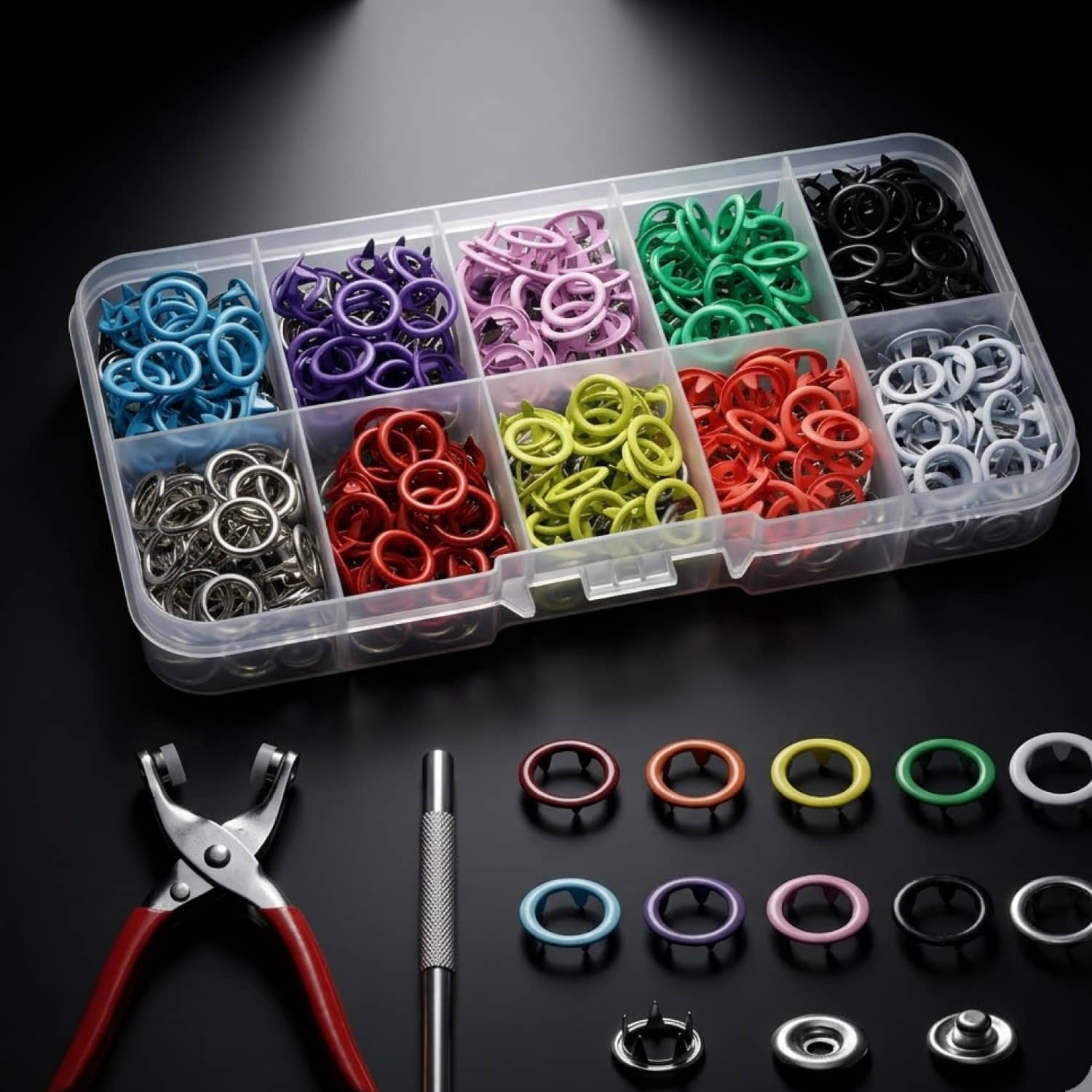 100pc Multicolor Button emergency button tool Thickened Snap Fasteners Kit Metal Five Claw Set with Hand Pressure Pliers Tool DIY Sewing Buttons Set for Clothing Sewing, Crafting (Multicolor Button).