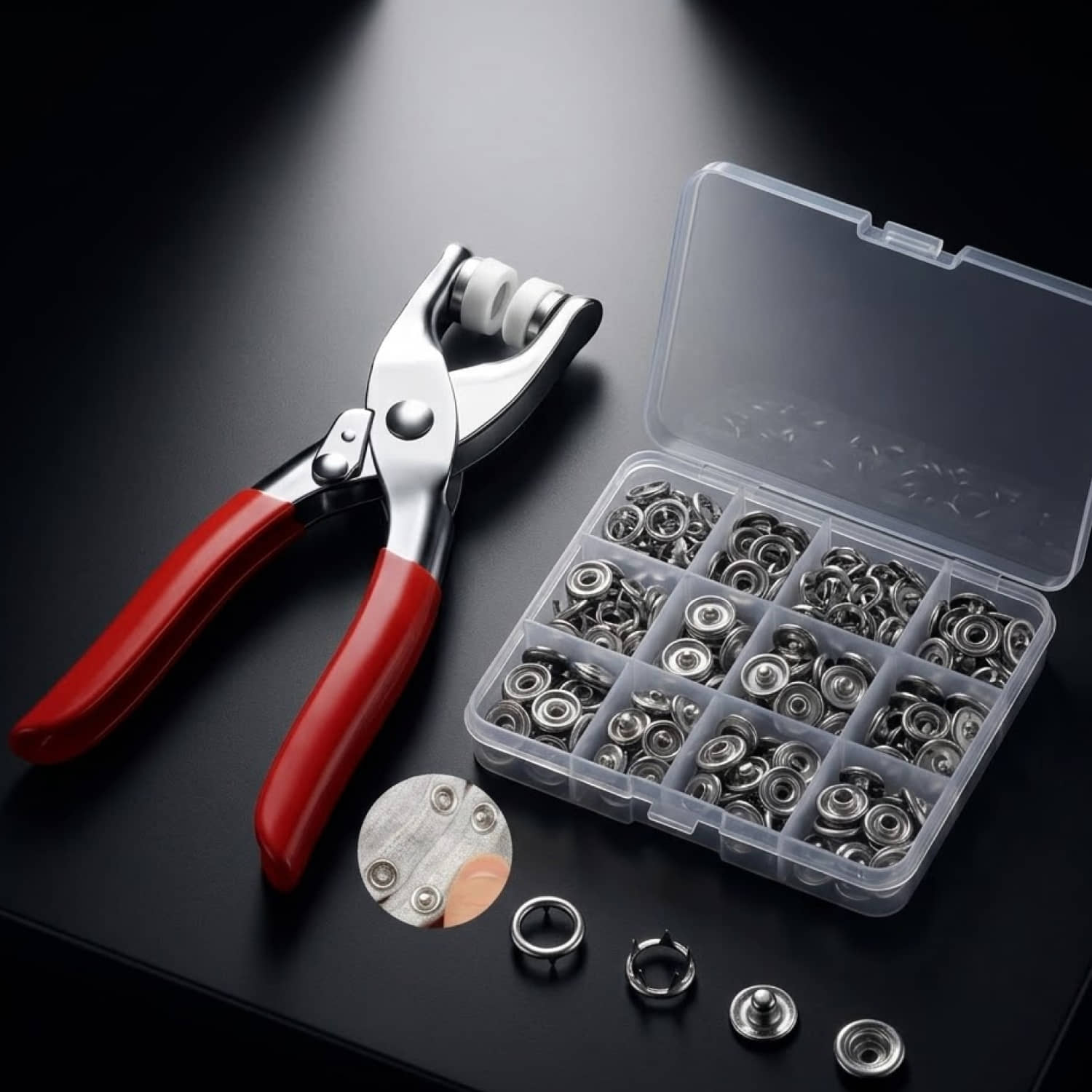 100pc Silver Button emergency button tool Thickened Snap Fasteners Kit Metal Five Claw Set with Hand Pressure Pliers Tool DIY Sewing Buttons Set for Clothing Sewing, Crafting (only Silver Button).