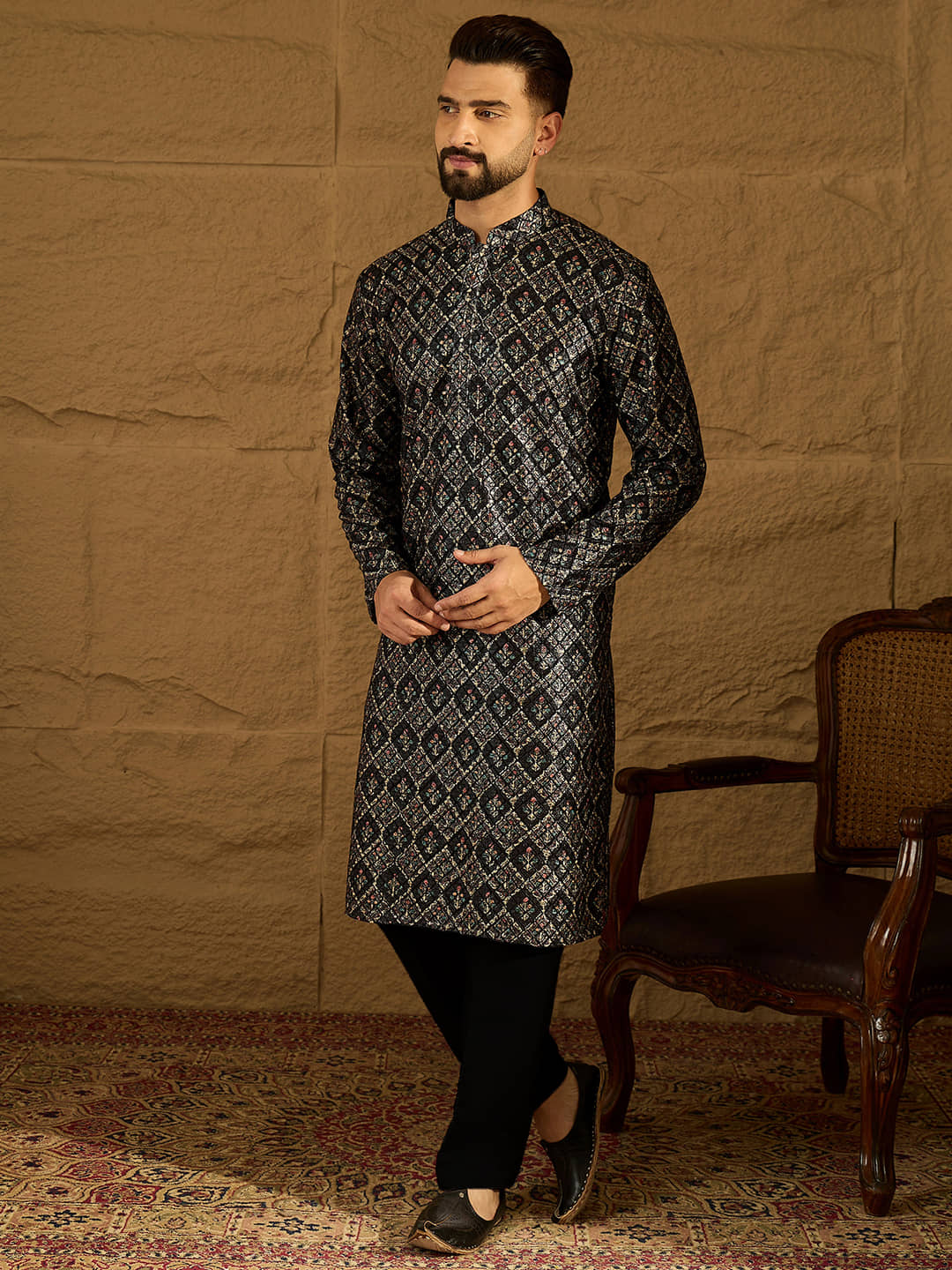 Ethnic Bay Viscose Printed Regular Kurta For Men ( Black ) - Kurtas & Kurta Sets | Buy online on ZillyBuy