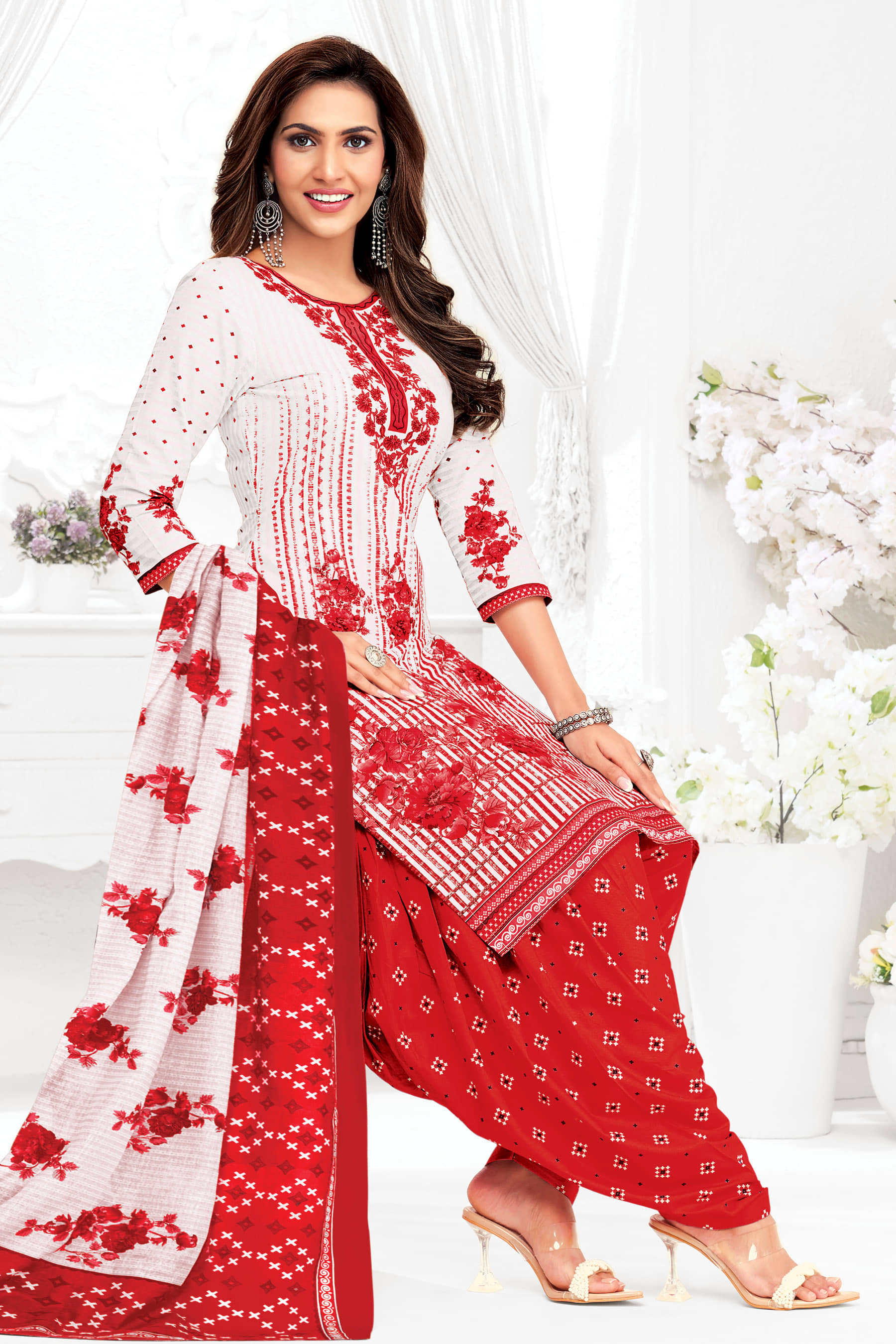 SIMMU Women Cotton Printed Straight Kurti With Patiala Salwar ( White )