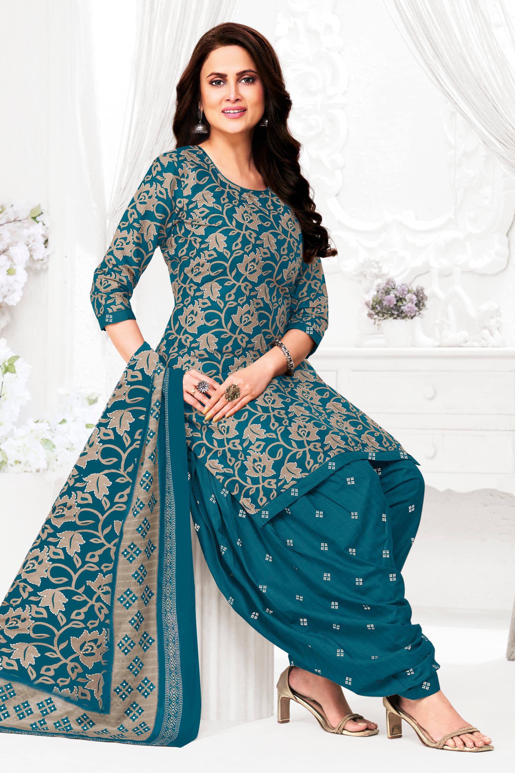 SIMMU Women Cotton Printed Straight Kurti With Patiala Salwar ( Blue )