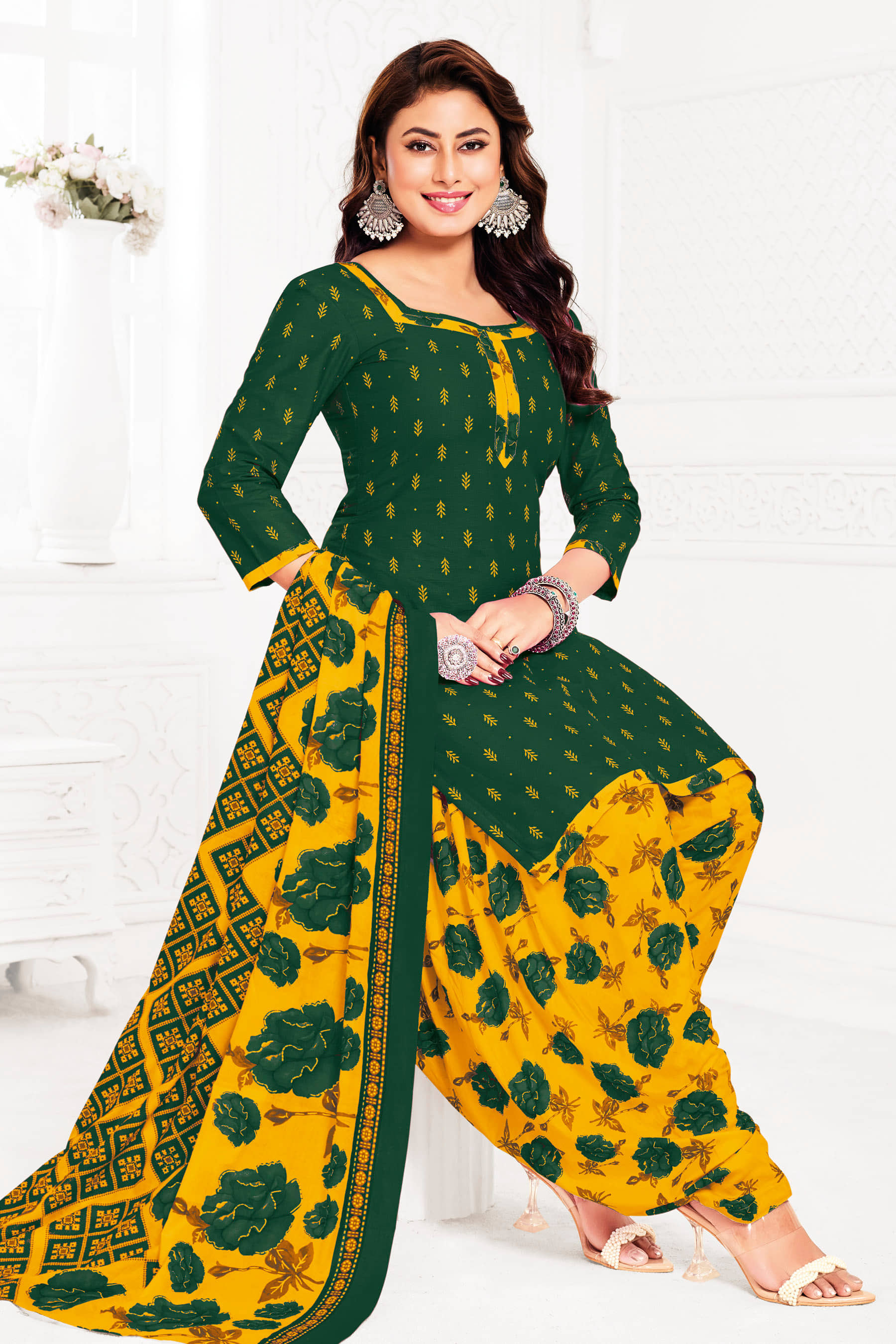 SIMMU Women Cotton Printed Straight Kurti With Patiala Salwar ( Green )