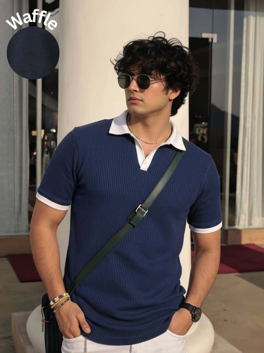 Rigo Men Cotton Regular Fit Self Design Polo T Shirt ( Navy Blue )