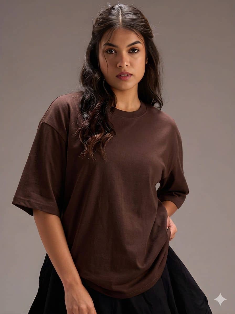 RodZen Women Cotton Oversized Fit Round Neck T-Shirt ( Brown )