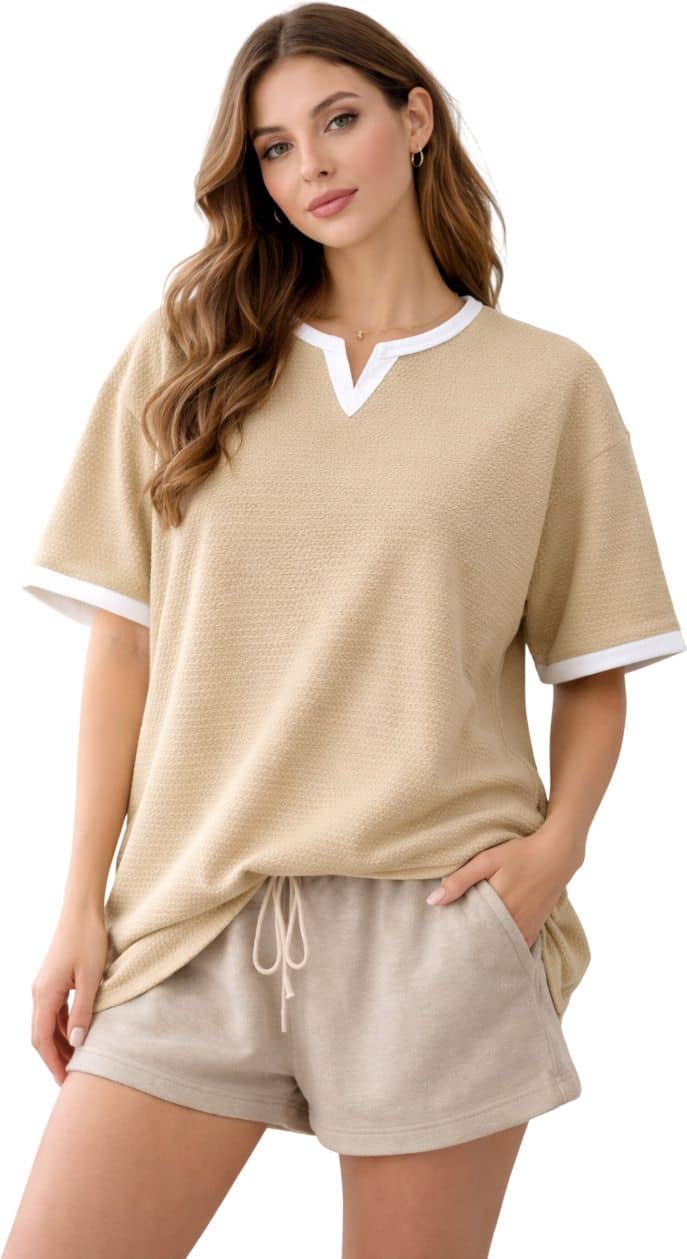 RodZen Women Poly Cotton Oversized Fit V-Neck T-Shirt ( Beige )