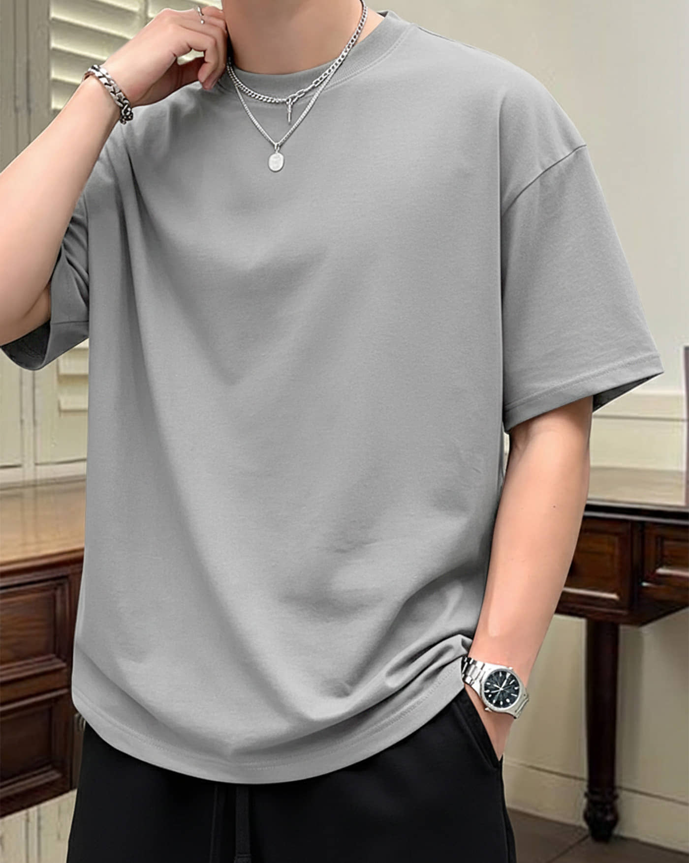 ENITOR Men Cotton Blend Oversized Fit Solid T-Shirt ( Maroon )