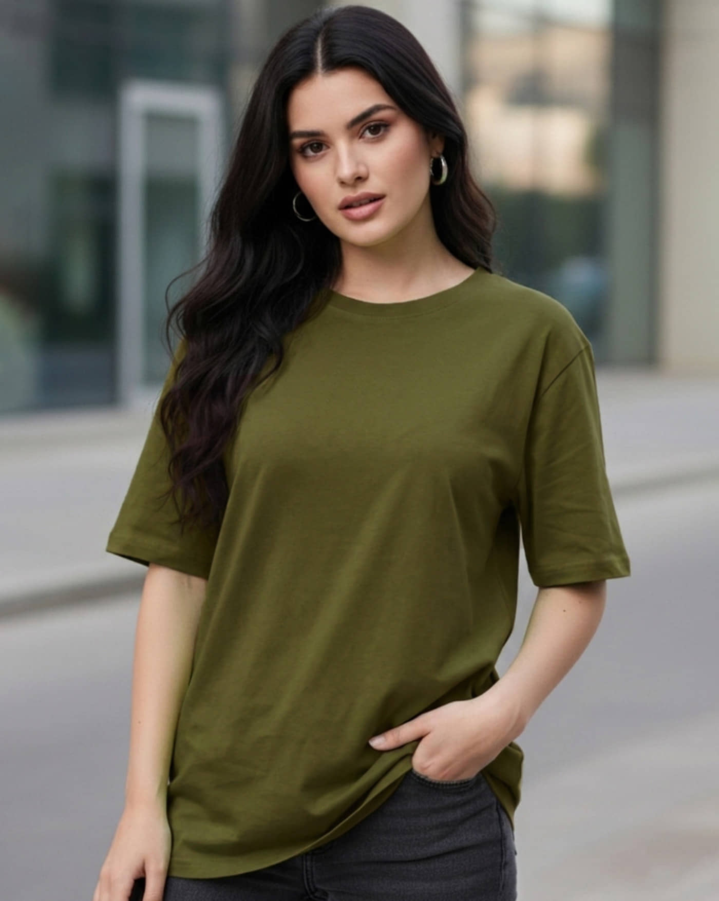 ENITOR Women Cotton Blend Solid Oversized Fit Round Neck T-Shirt ( Green )