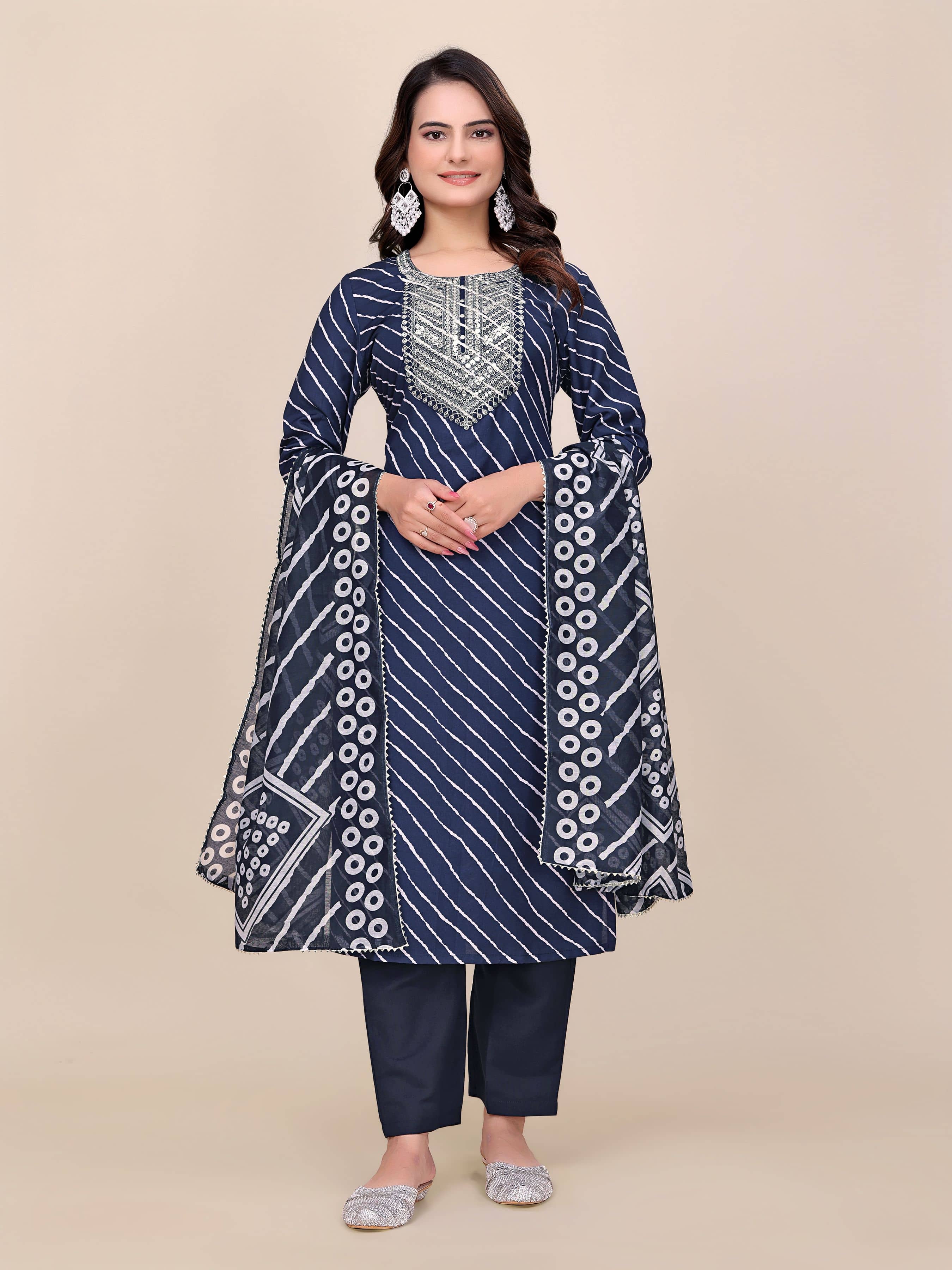 RAS RANI Women Cotton Blend Embroidered Straight Kurti With Pants ( Blue )