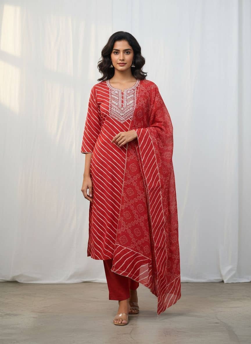RAS RANI Women Cotton Blend Embroidered Straight Kurti With Pants ( Red )