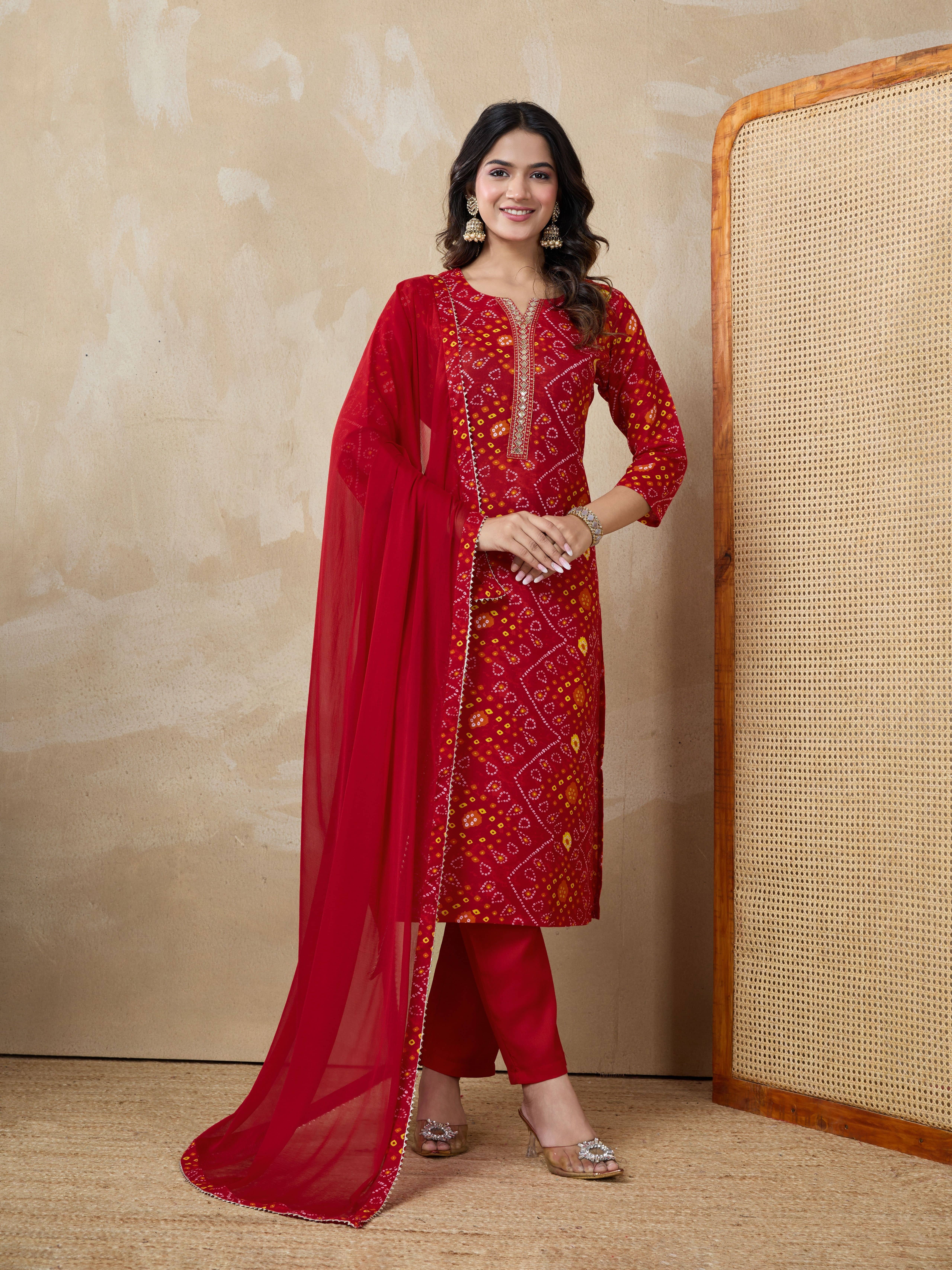 RAS RANI Women Cotton Blend Embroidered Straight Kurti With Pants ( Red )