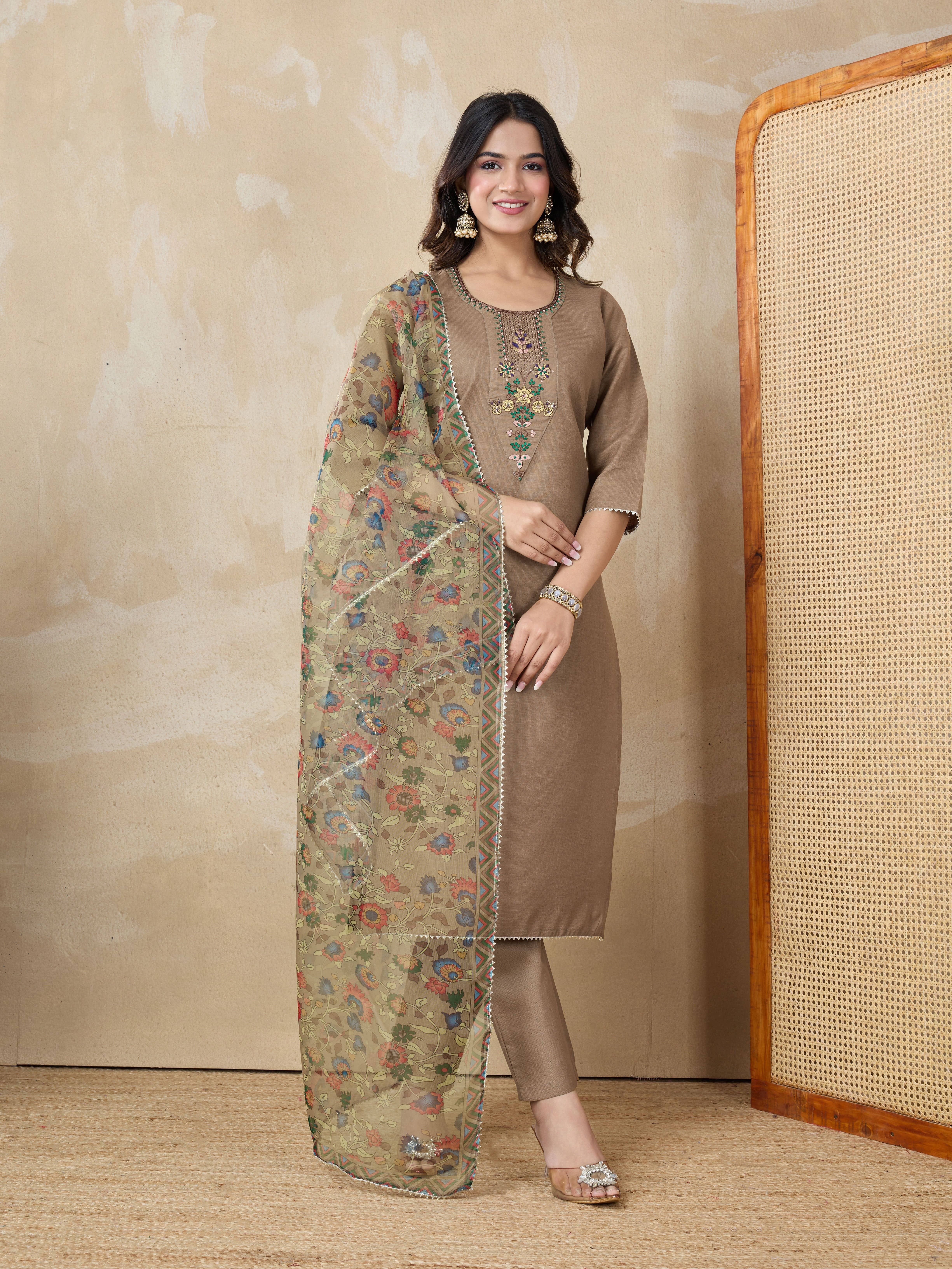 RAS RANI Women Cotton Blend Embroidered Straight Kurti With Pants ( Khaki )