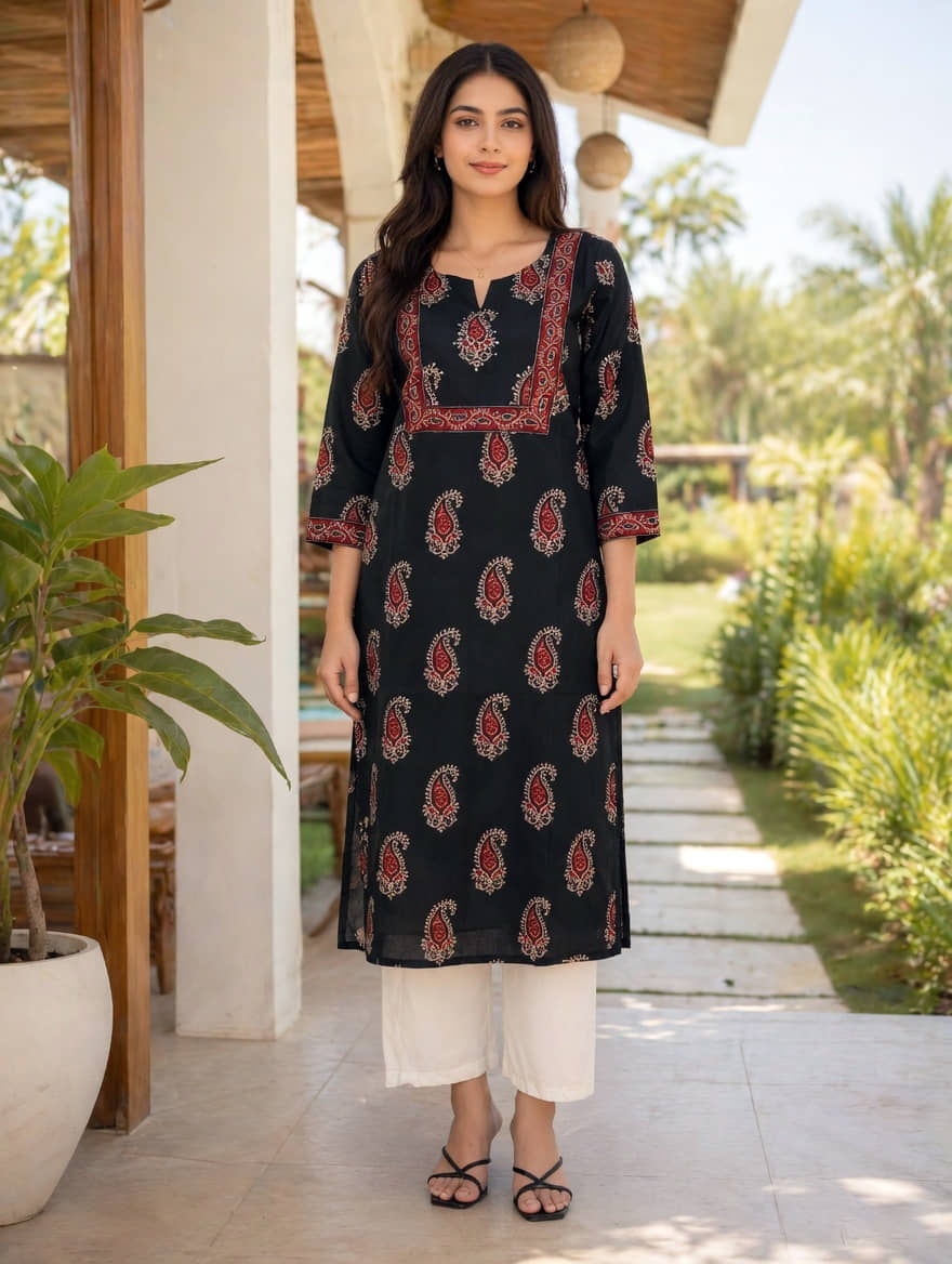 Rajnandini Women 100% Cotton Printed Straight Kurti ( Black ) - Kurtis, Tunics | Buy online on ZillyBuy