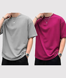 AUSK Men Cotton Blend Oversized Fit Solid T-Shirt ( Pink )