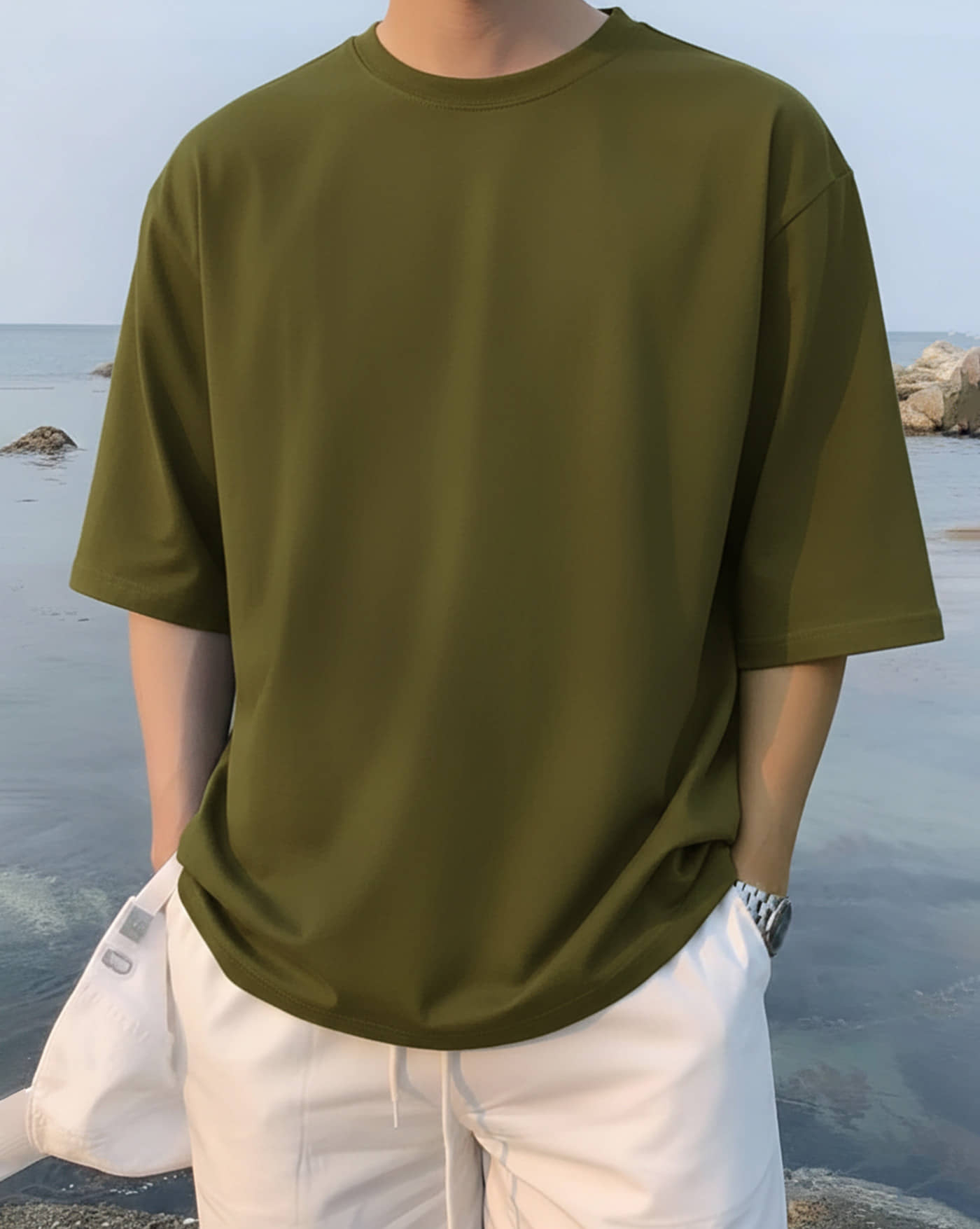 AUSK Men Cotton Blend Oversized Fit Solid T-Shirt ( Green )