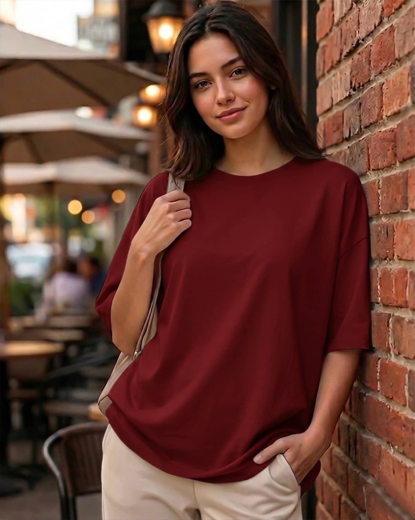 AUSK Women Cotton Blend Solid Oversized Fit Round Neck T-Shirt ( Maroon )