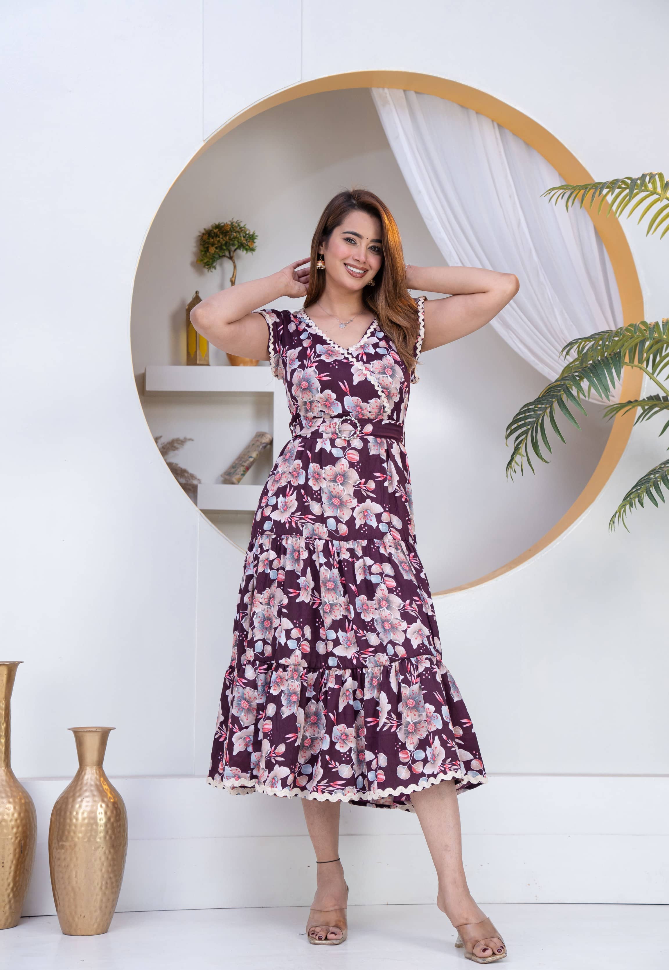 JC4U Women Crepe Printed Gown ( Wine )