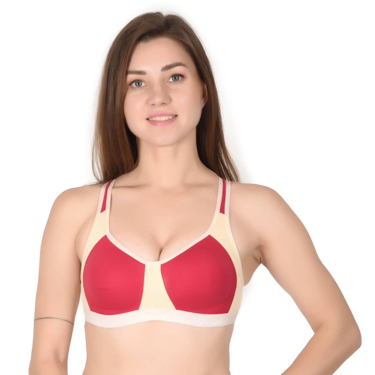 KYODO Pack of 1 Cotton Blend Non Padded Sports Bra For Women ( Red )