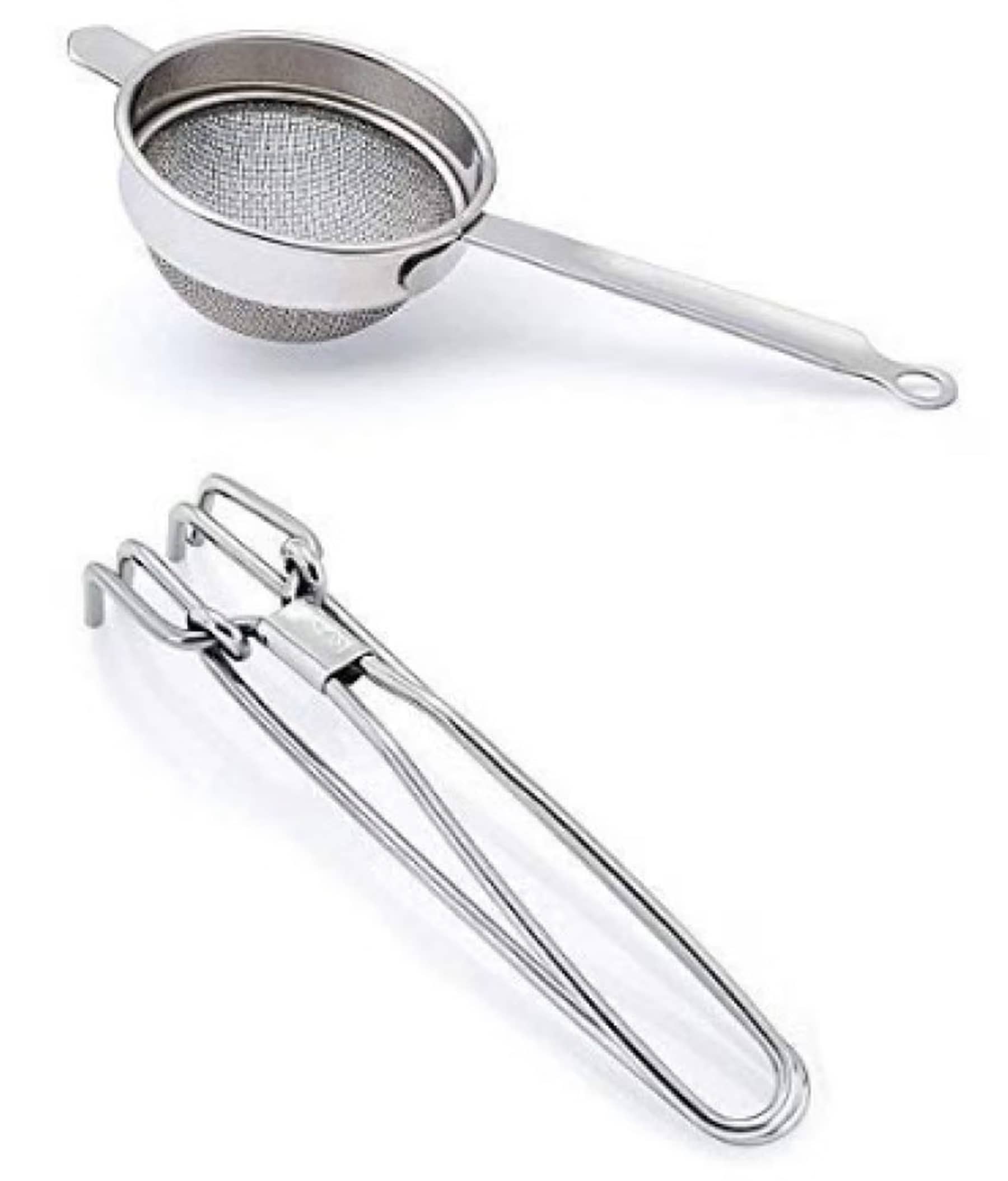 Stainless Steel Kitchen Combo - Heavy Duty Wire Tong/Gripper (Pakad) and Fine Mesh Tea Strainer – 2 Piece Set