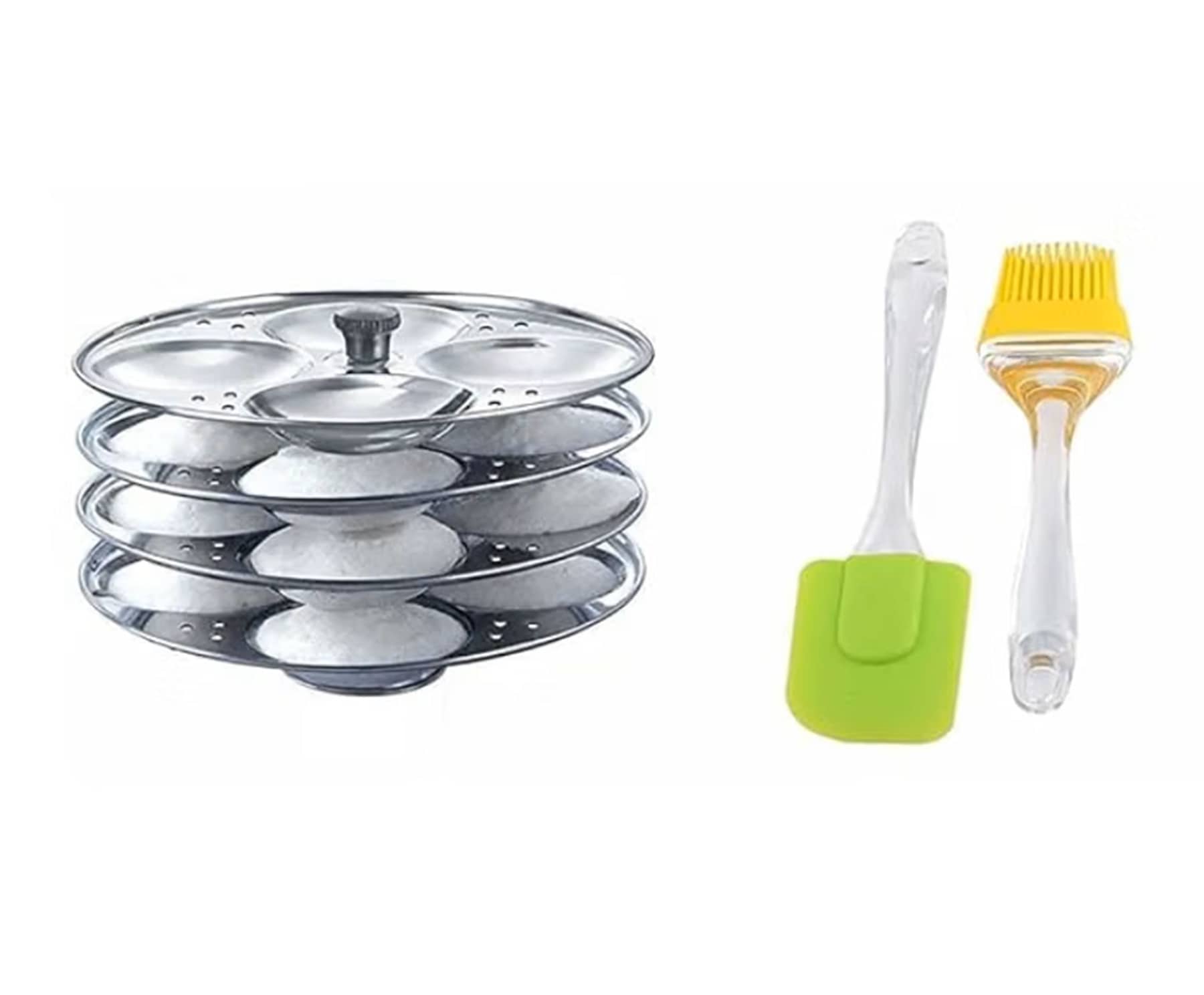 Stainless Steel Non Stick Idli Maker 4 Plate Idli Stand + Oil Brush + Spatula