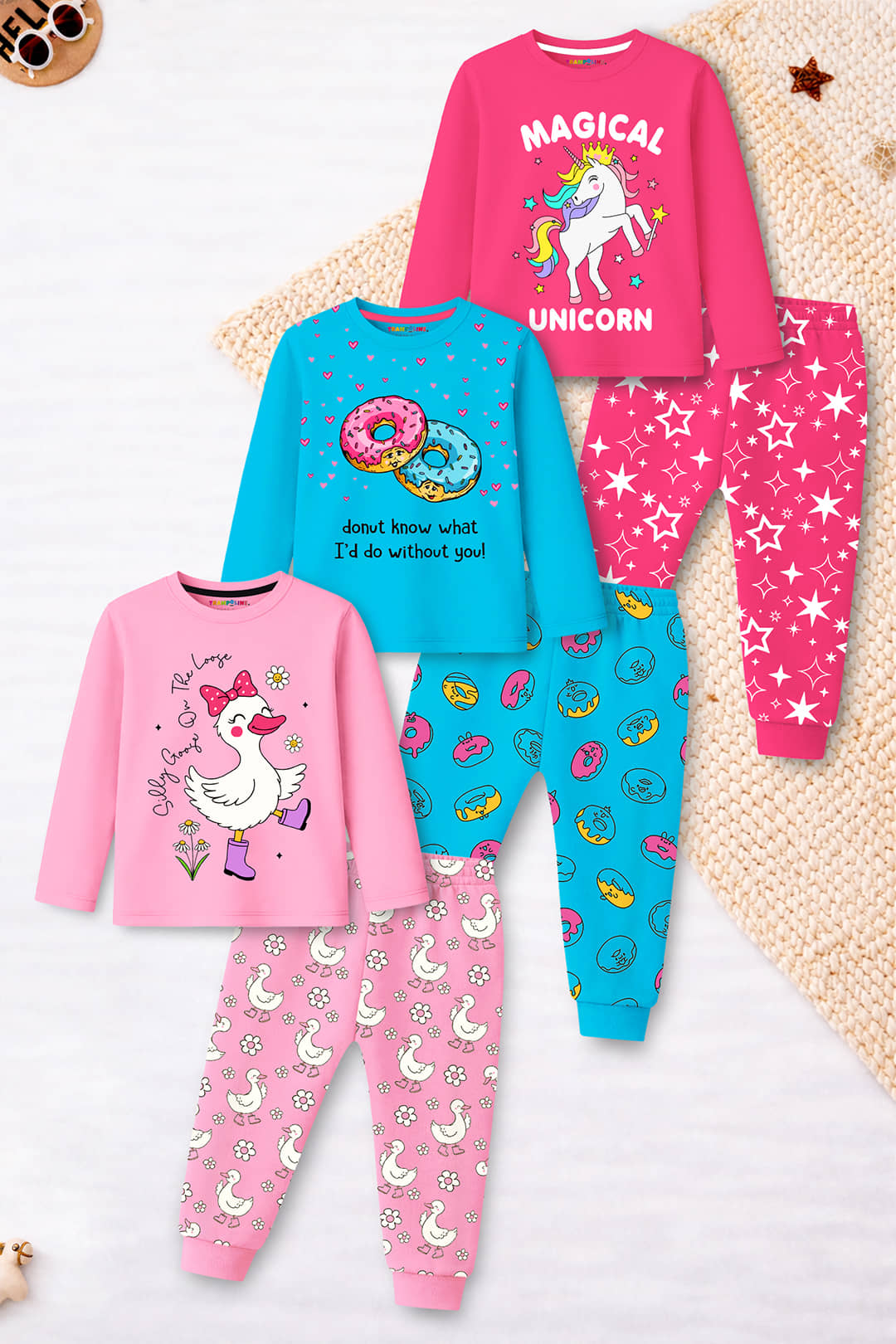 Trampoline Girls Cotton Blend T-shirt & Pyjama Set ( Multicolor , Pack of 3 )