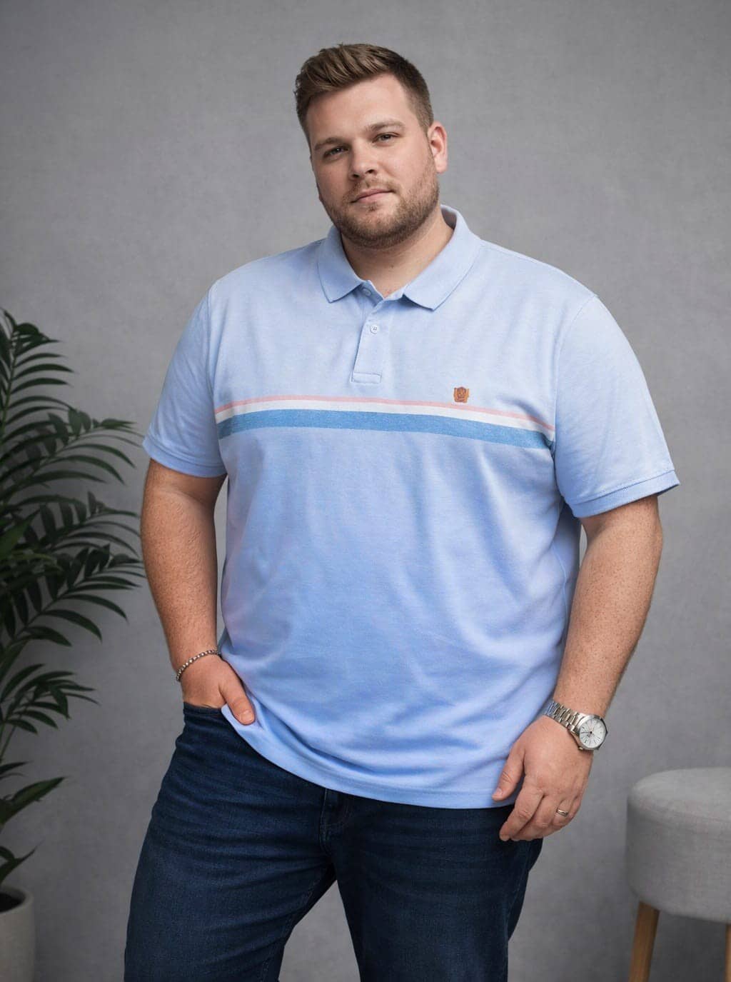 AUSTIVO Men Cotton Blend Regular Fit Striped Polo T Shirt ( Blue )