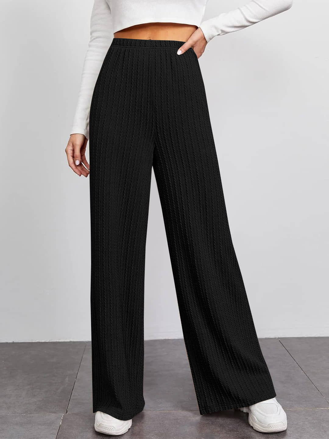 KAJARU Women Cotton Blend Wide Leg Trousers ( Black ) - Trousers | Buy online on ZillyBuy