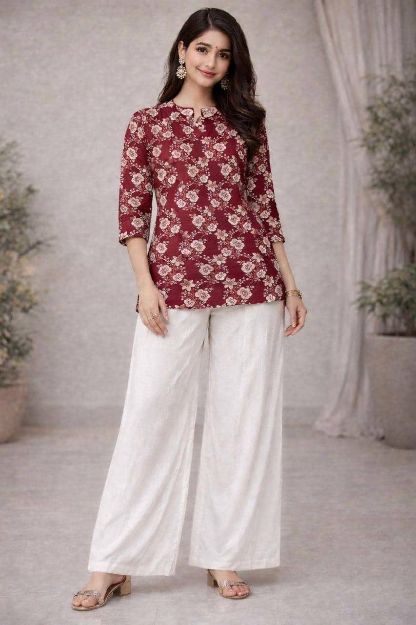 Mahek Fashion Women Printed Tunic With Palazzos Co-Ord Set ( Maroon )