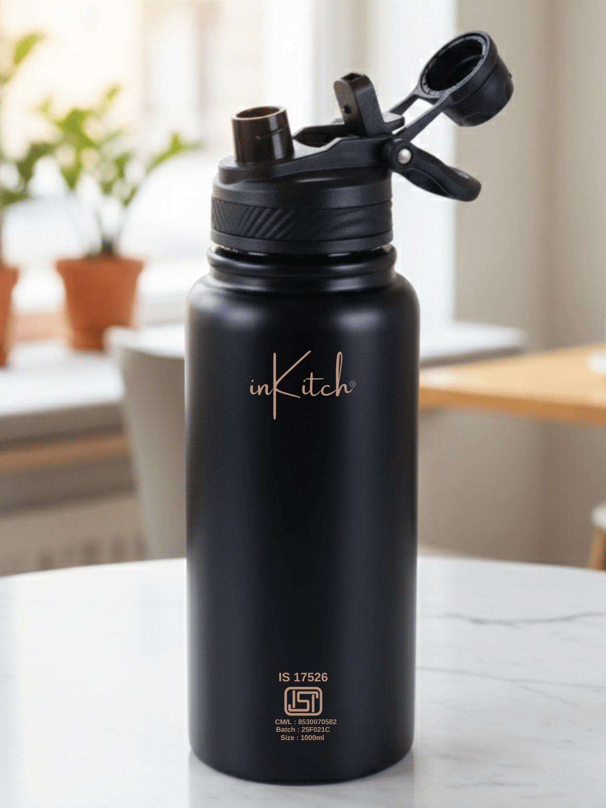 inKitch Hot&Cold WaterBottle Black Steel Flask ( 1000 ml )