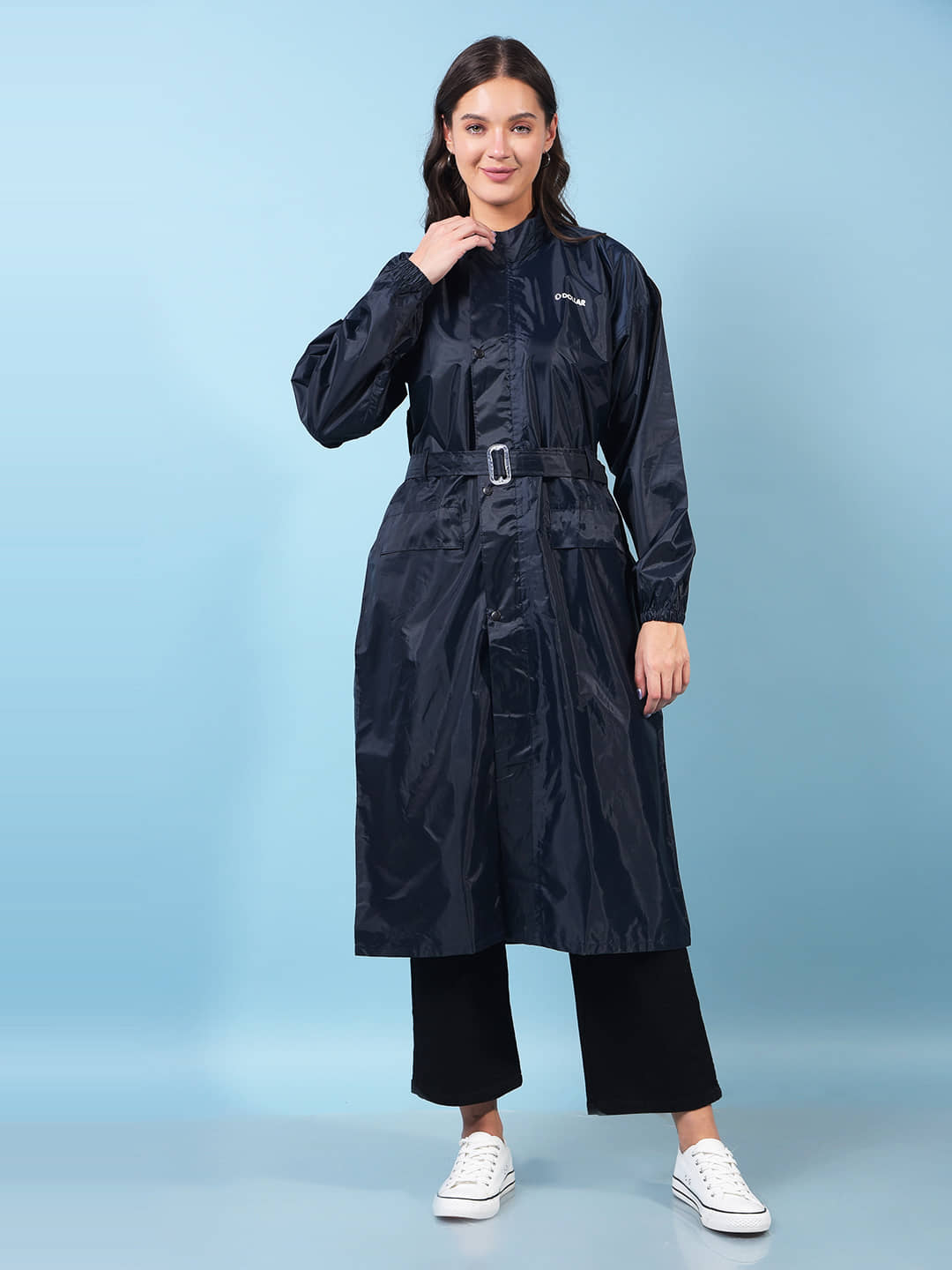 Dollar Women Waterproof PVC Long Raincoat Hood Belt Pocket Zipper Button