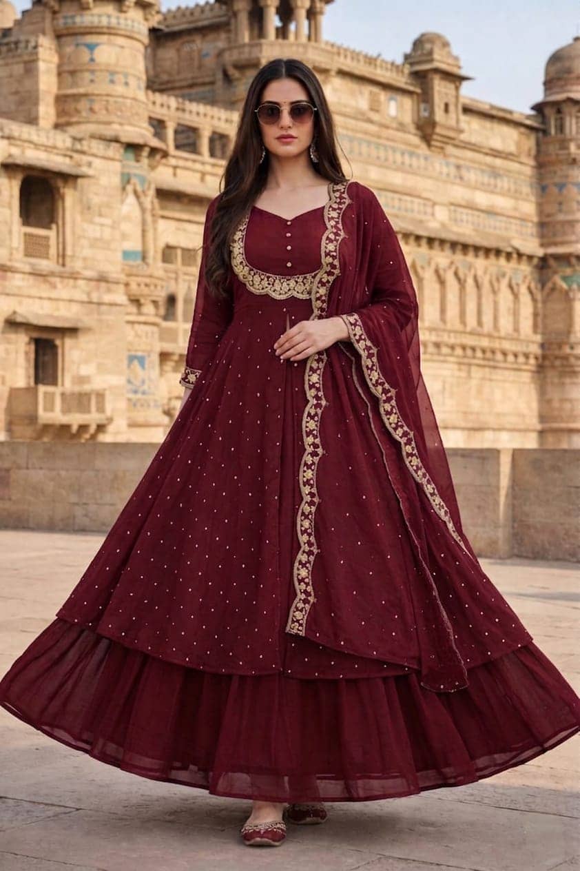 keshav fashion Women Silk Blend Embroidered Anarkali Kurti With Palazzo ( Maroon )