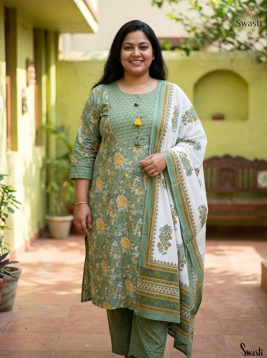 Swasti Women Cotton Printed Straight Kurti With Salwar ( Green )