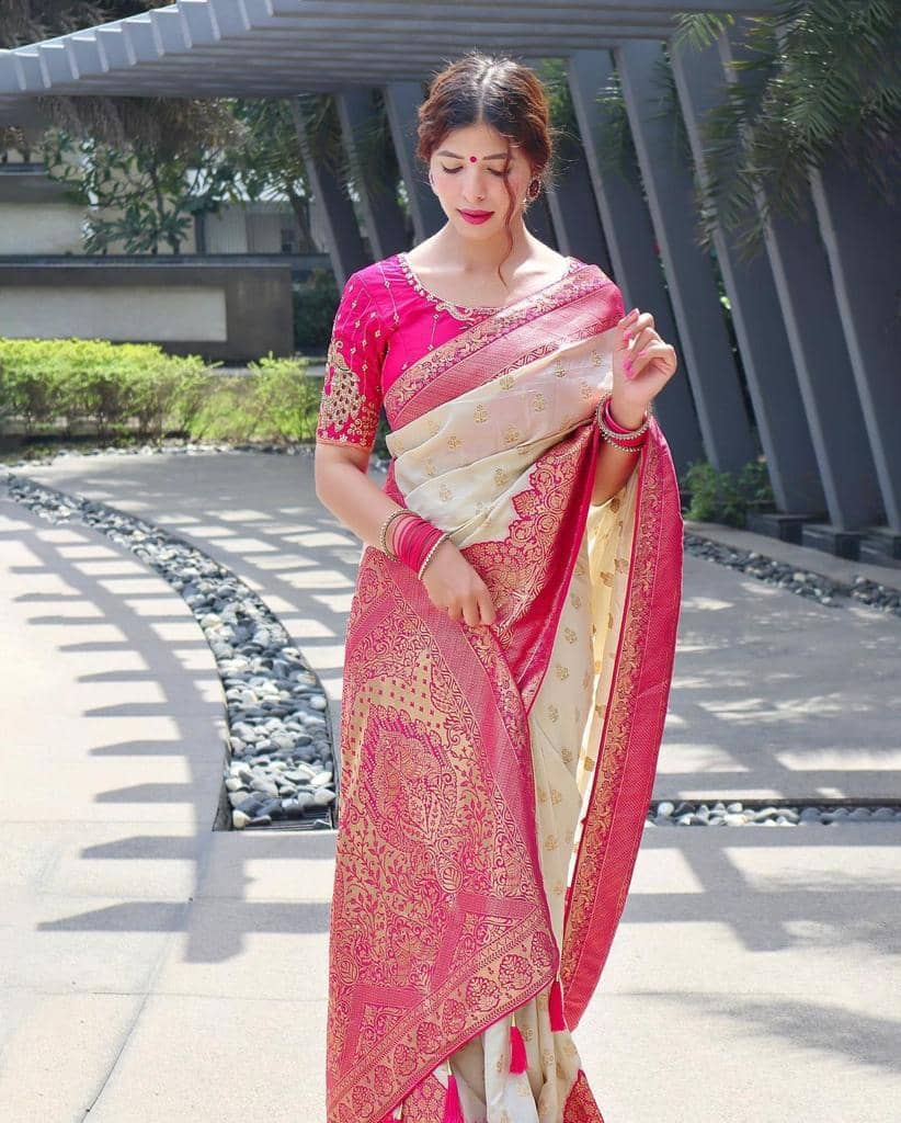 fab woven Art Silk Woven Design Banarasi saree With Unstitched Blouse Piece ( White ) - Sarees | Buy online on ZillyBuy