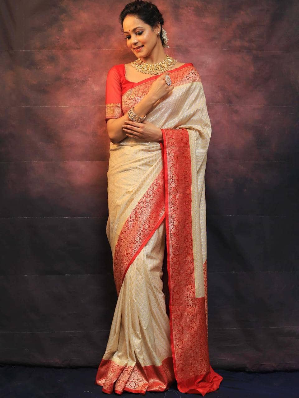 fab woven Art Silk Woven Design Banarasi saree With Unstitched Blouse Piece ( Off White ) - Sarees | Buy online on ZillyBuy