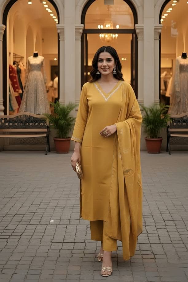 Hiva Trendz Women Art Silk Solid Straight Kurti With Pants ( Mustard )
