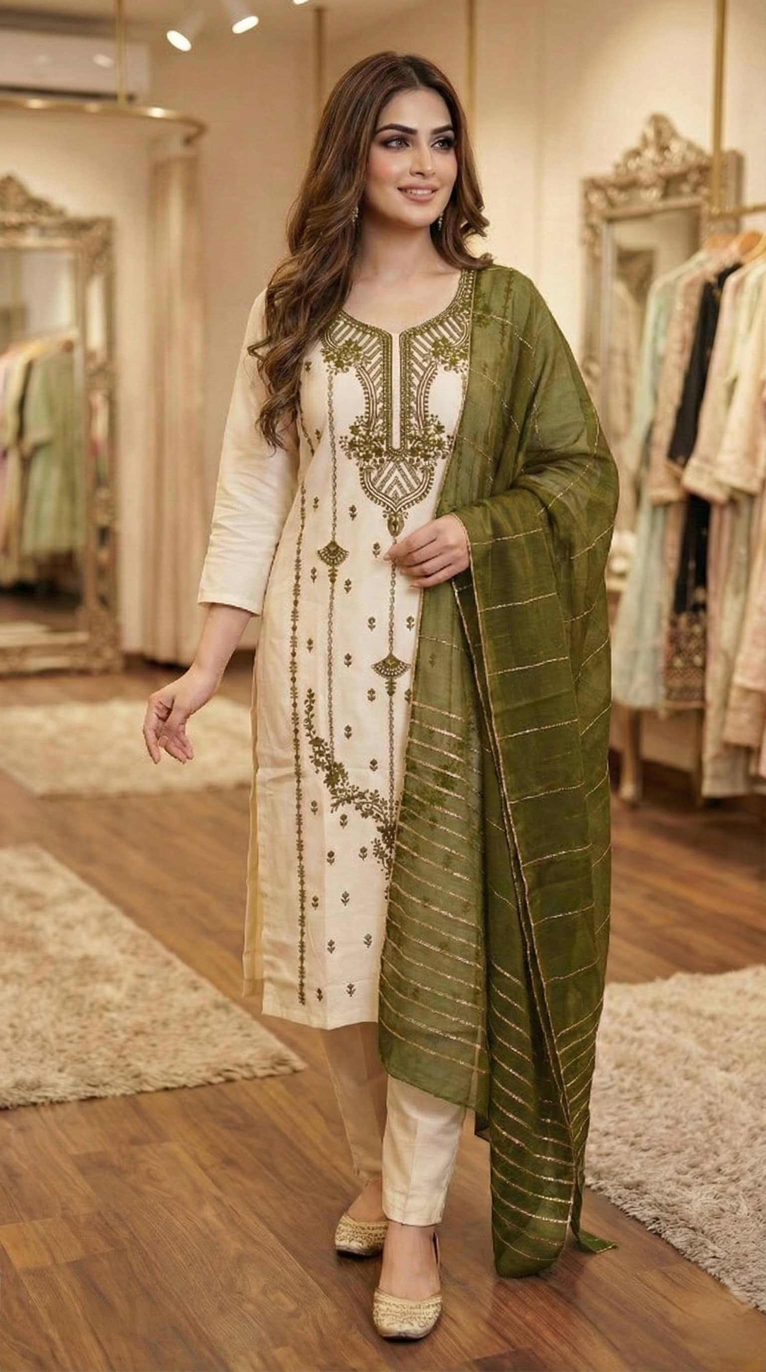 Hiva Trendz Women Cotton Embroidered Straight Kurti With Pants ( Green )