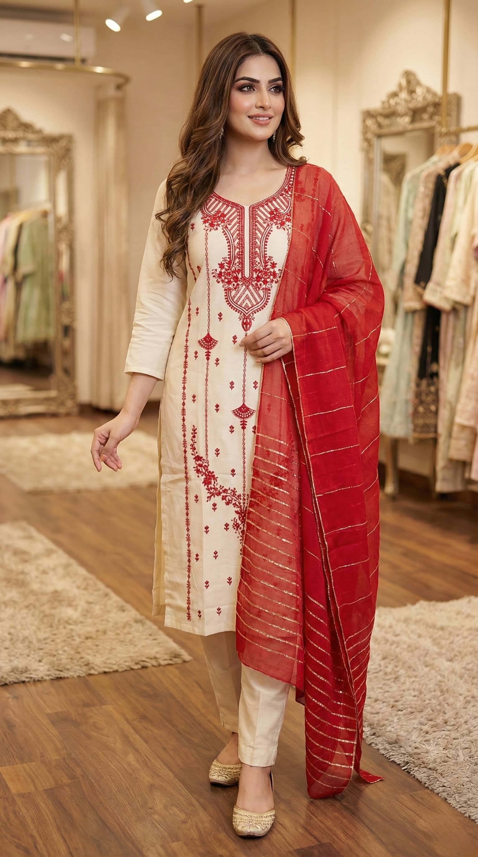 Hiva Trendz Women Cotton Embroidered Straight Kurti With Pants ( Red )
