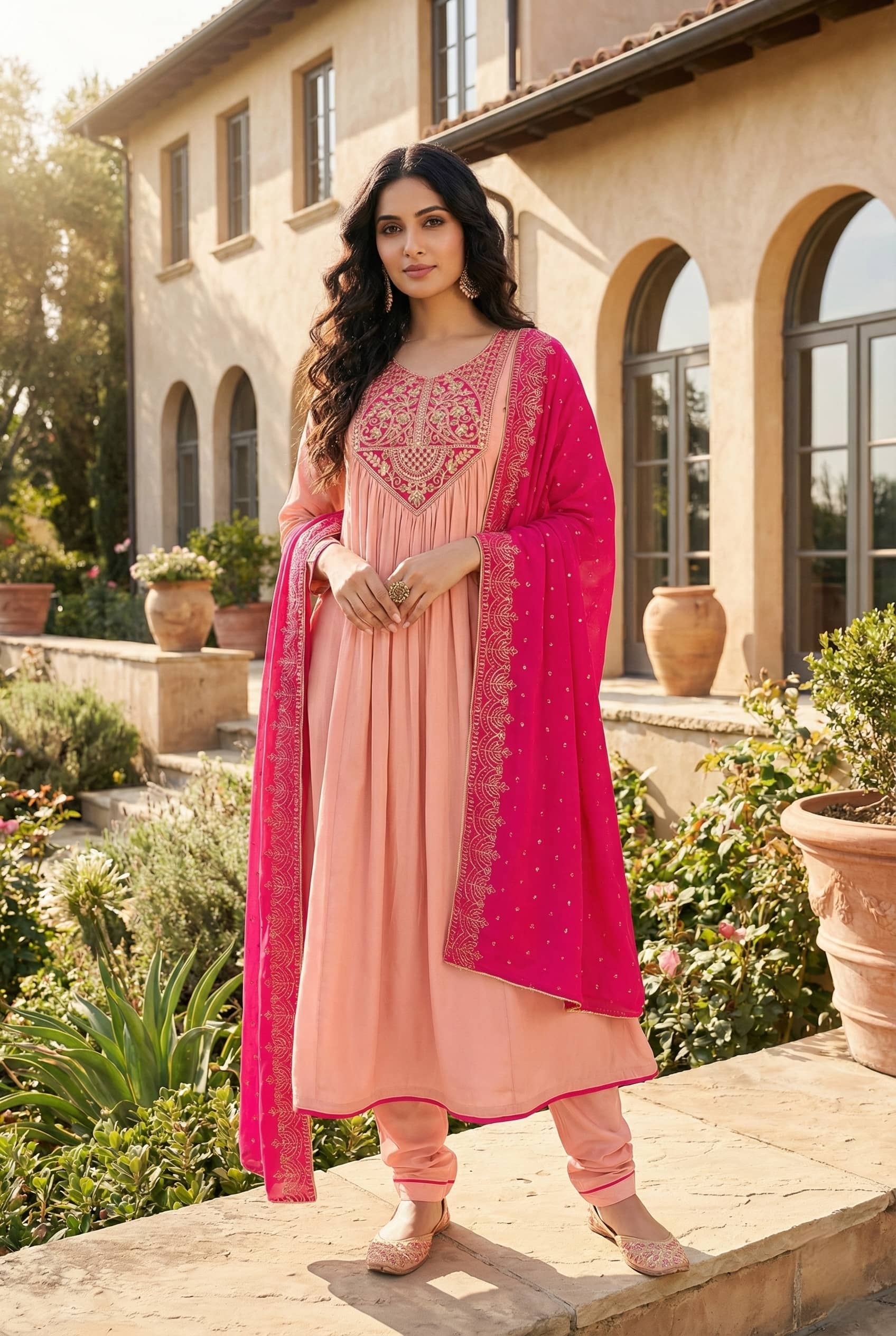 Hiva Trendz Women Polyester Embroidered Straight Kurti With Pants ( Peach )