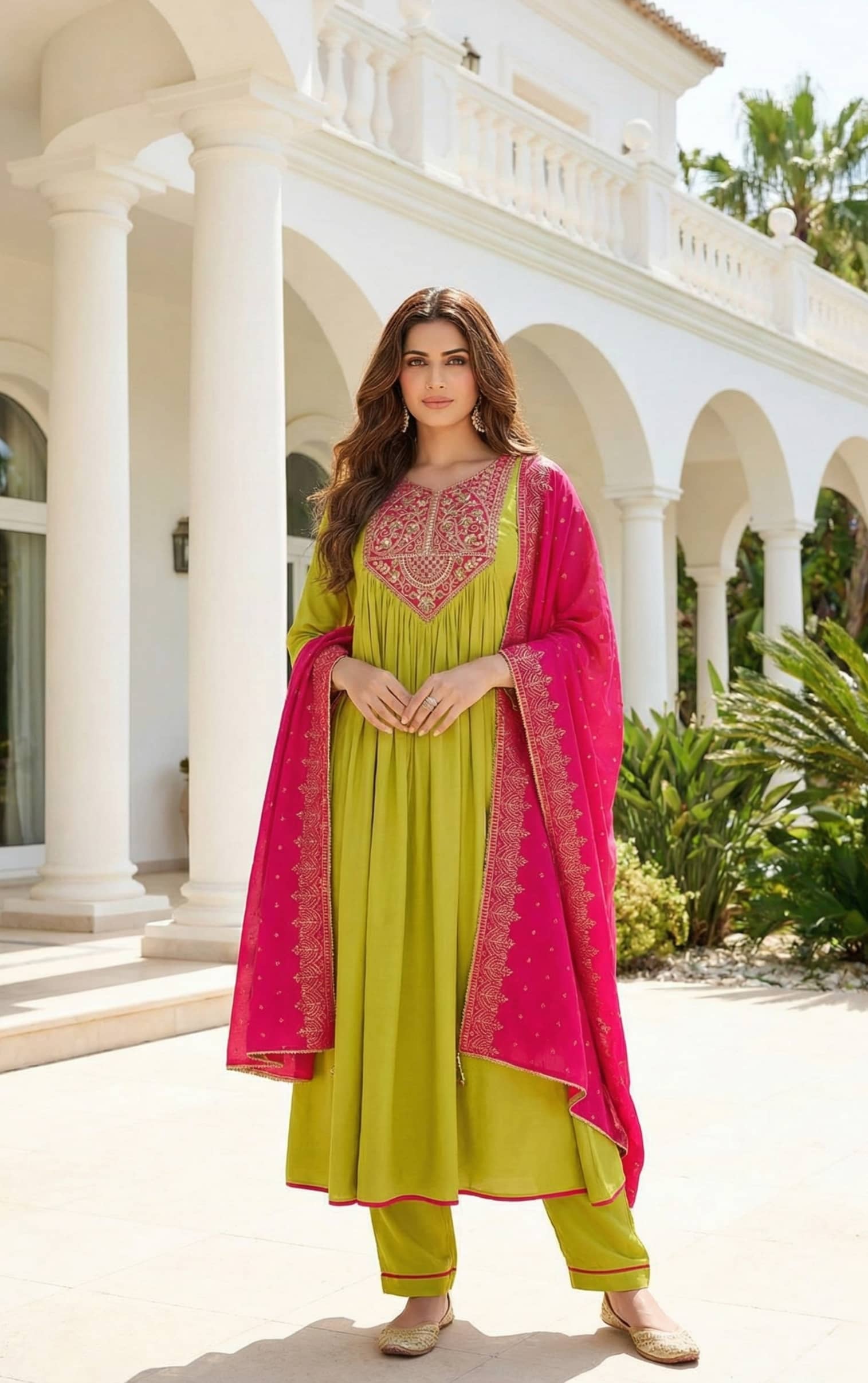 Hiva Trendz Women Polyester Embroidered Straight Kurti With Pants ( Green )